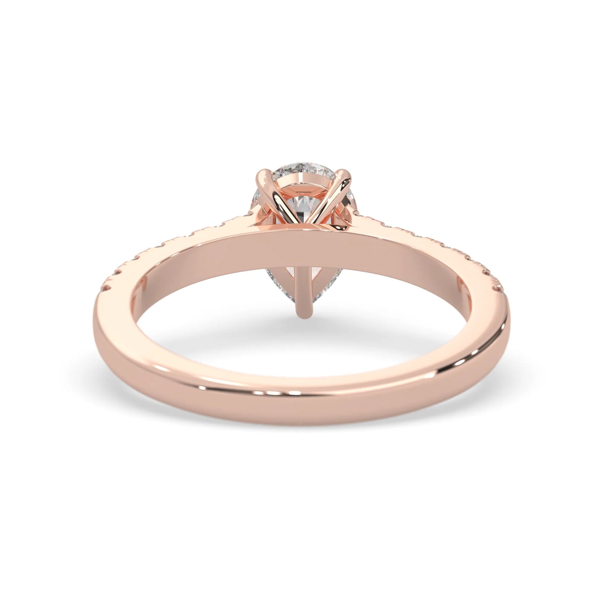 pear cut lab grown diamond prong set engagement ring with pavé band and rose gold  metal tone design