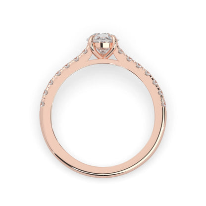 pear cut lab grown diamond prong set engagement ring with pavé band and rose gold  metal tone design
