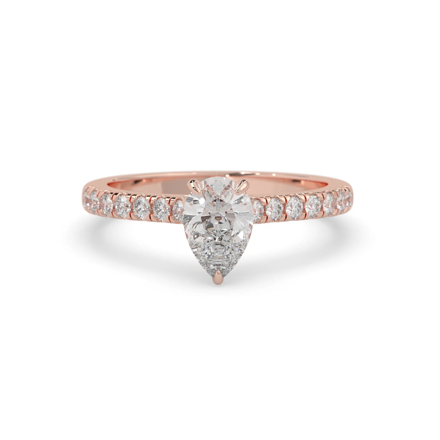 pear cut lab grown diamond prong set engagement ring with pavé band and rose gold  metal tone design