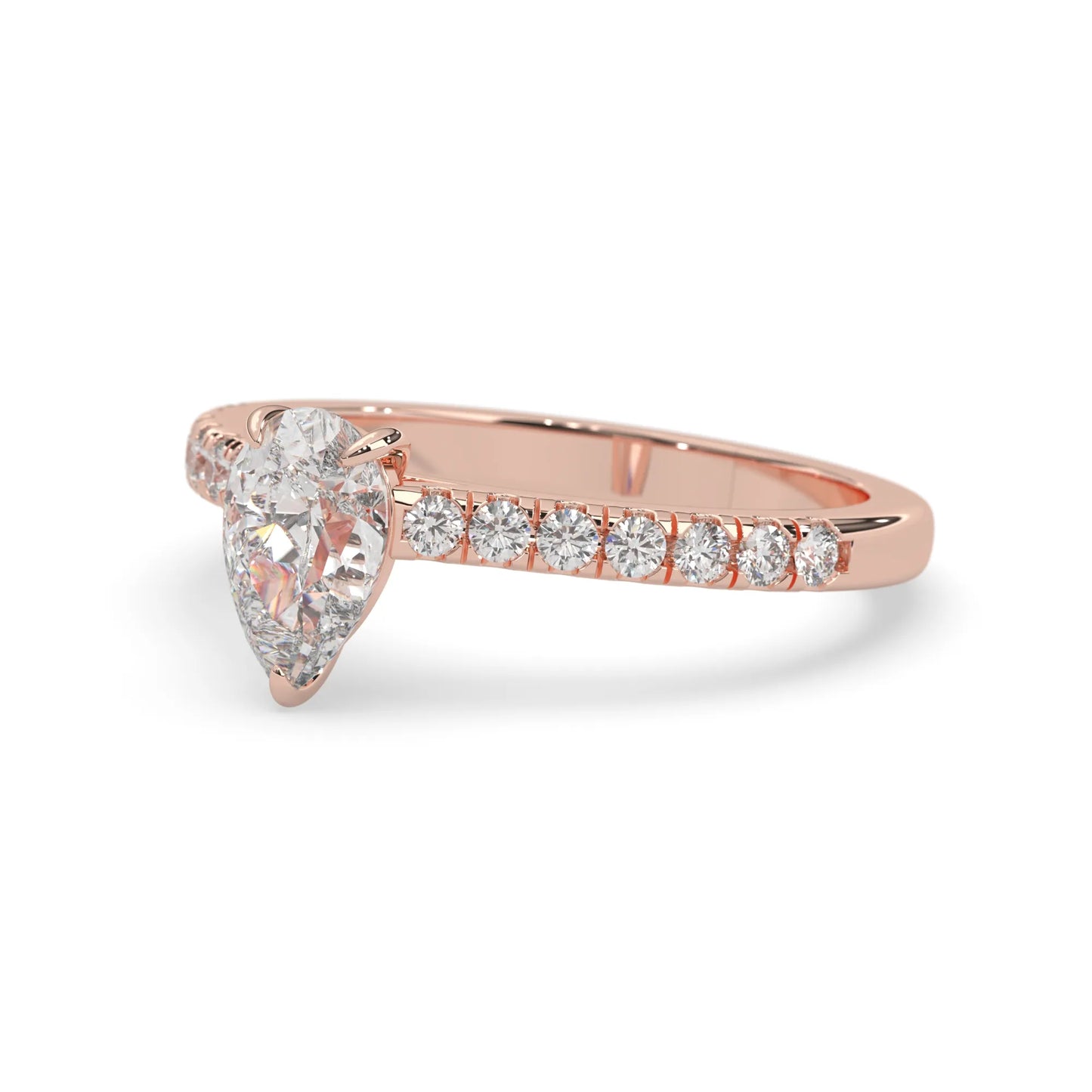 pear cut lab grown diamond prong set engagement ring with pavé band and rose gold  metal tone design