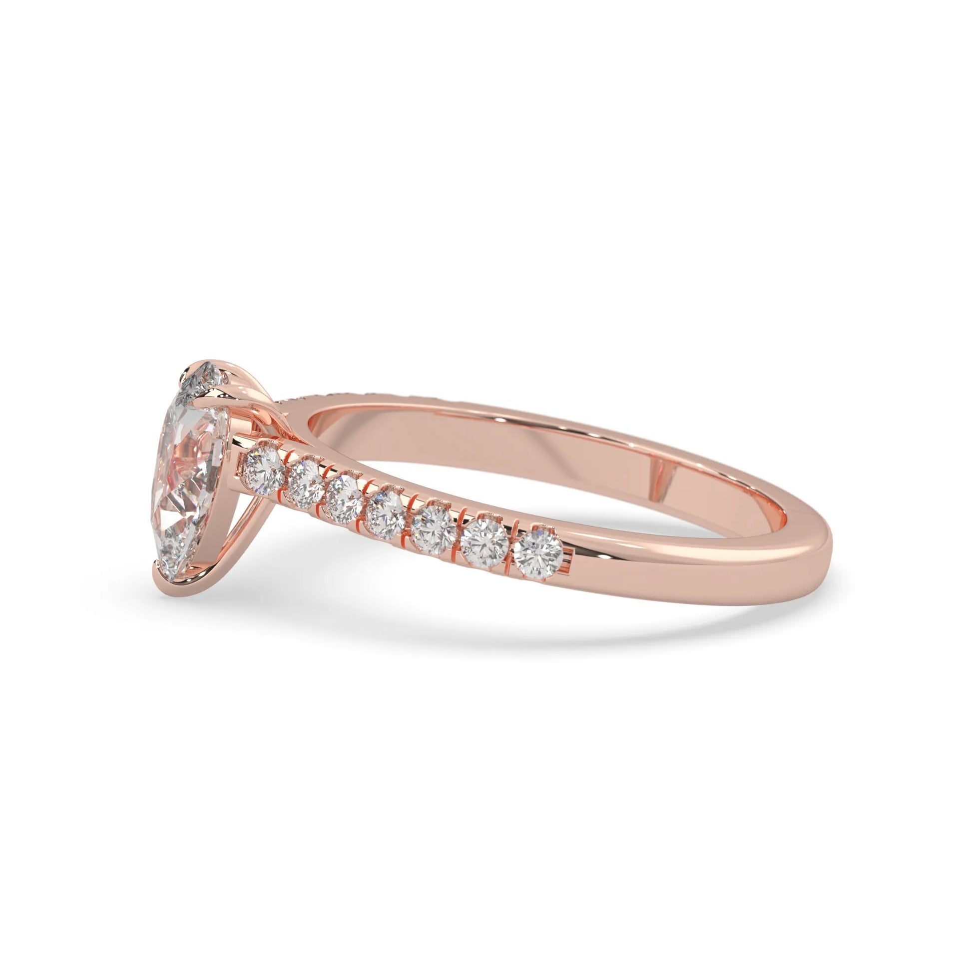 pear cut lab grown diamond prong set engagement ring with pavé band and rose gold  metal tone design