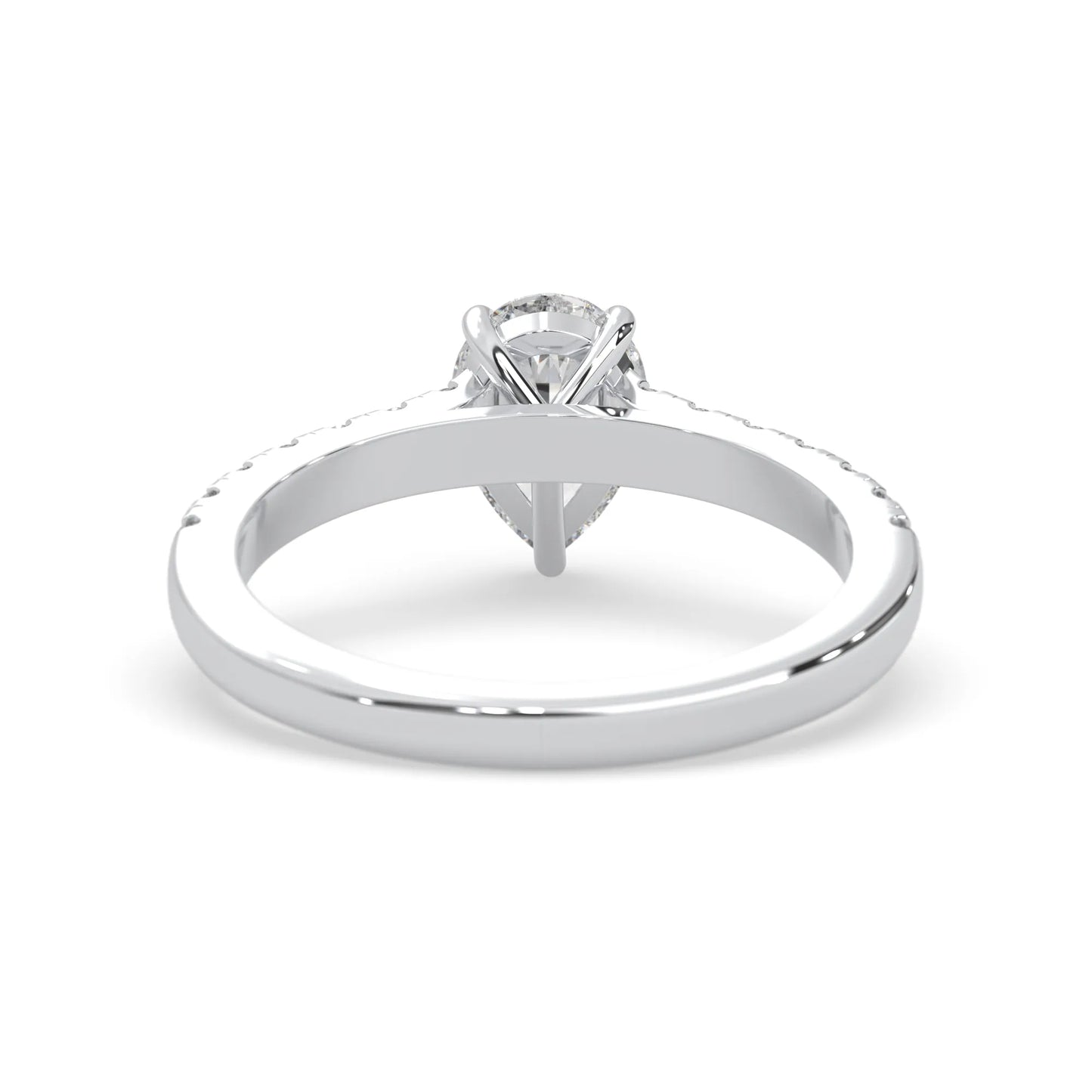 pear cut lab grown diamond prong set engagement ring with pavé band and white gold  metal tone design