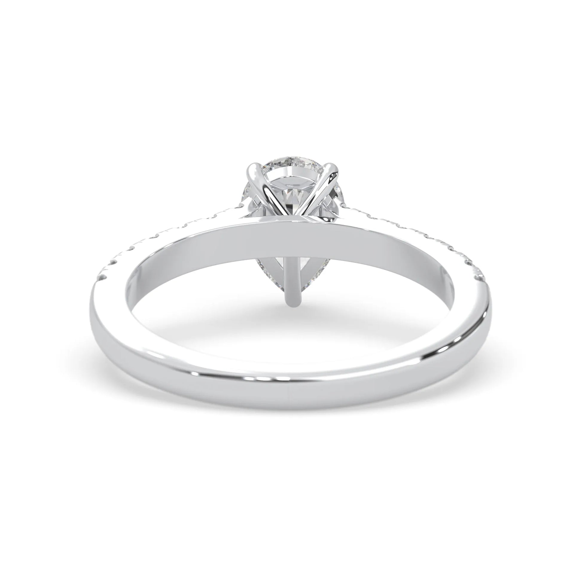 pear cut lab grown diamond prong set engagement ring with pavé band and white gold  metal tone design