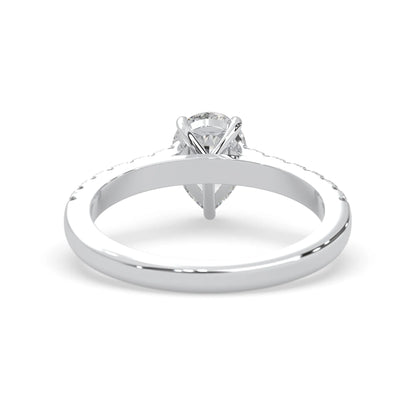pear cut lab grown diamond prong set engagement ring with pavé band and white gold  metal tone design