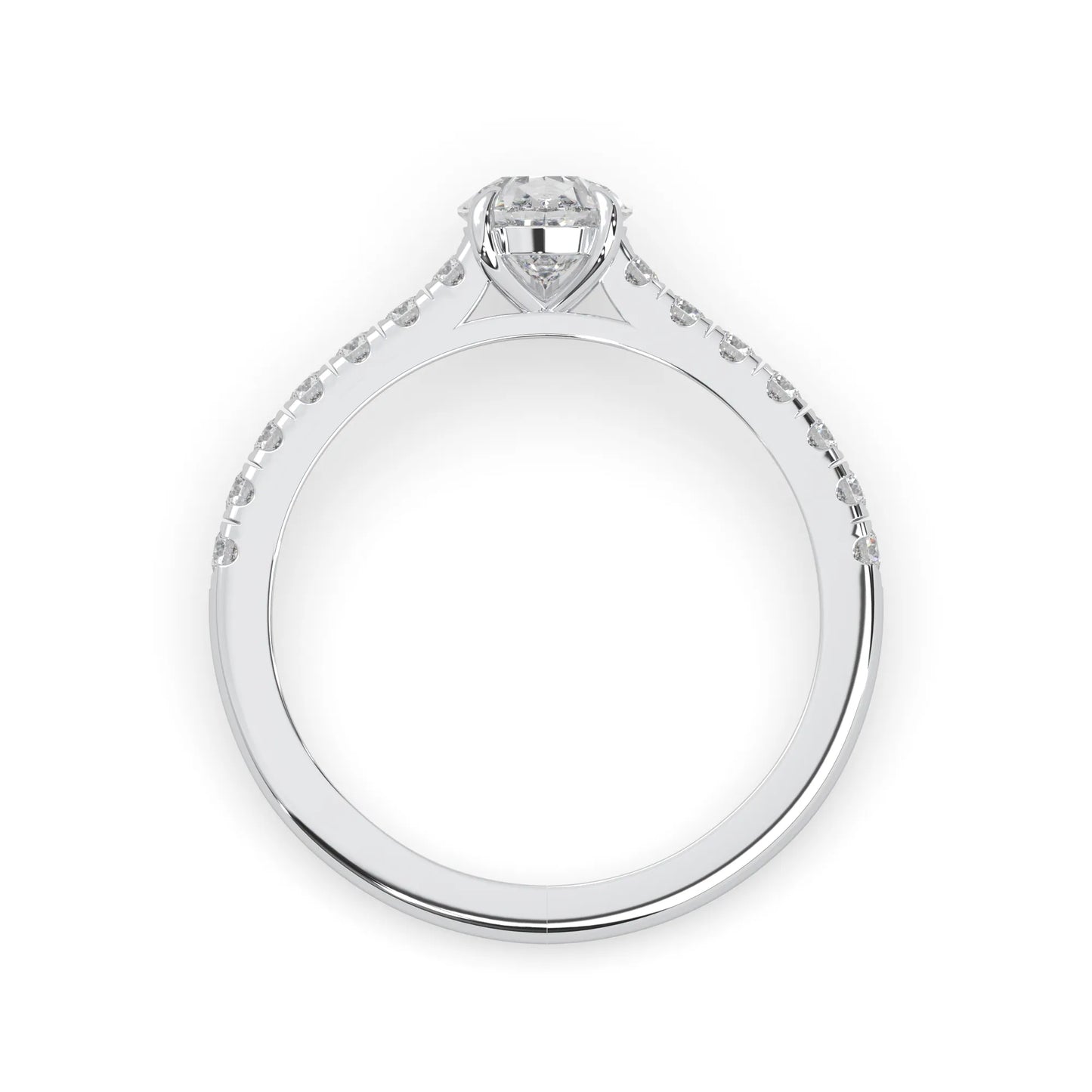 pear cut lab grown diamond prong set engagement ring with pavé band and white gold  metal tone design