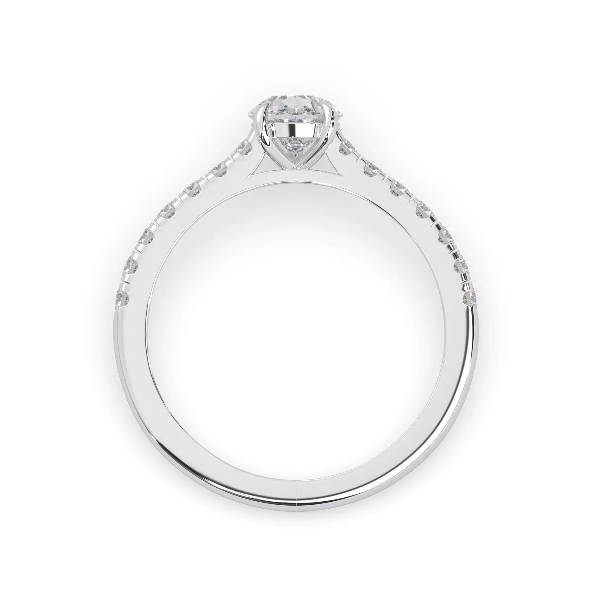 pear cut lab grown diamond prong set engagement ring with pavé band and white gold  metal tone design