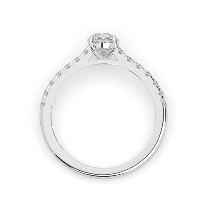 pear cut lab grown diamond prong set engagement ring with pavé band and white gold  metal tone design