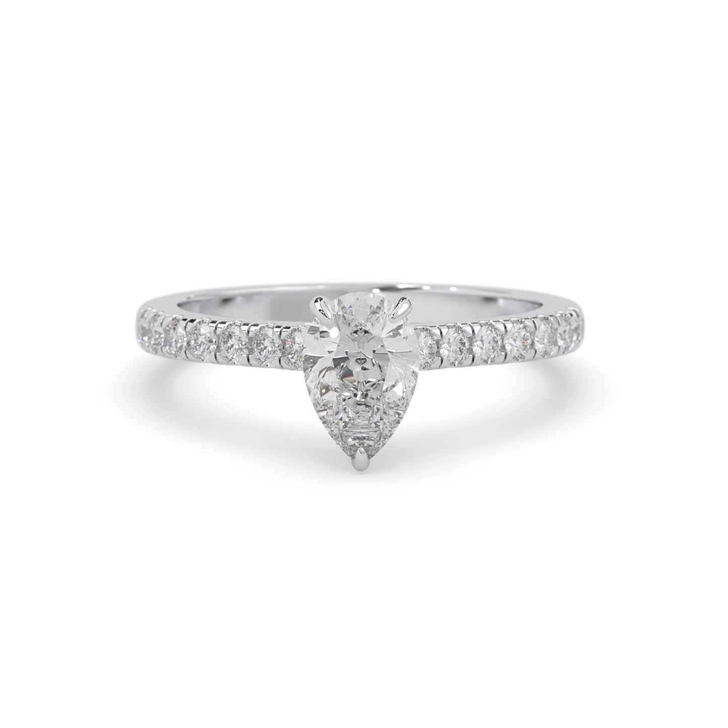 pear cut lab grown diamond prong set engagement ring with pavé band and white gold  metal tone design