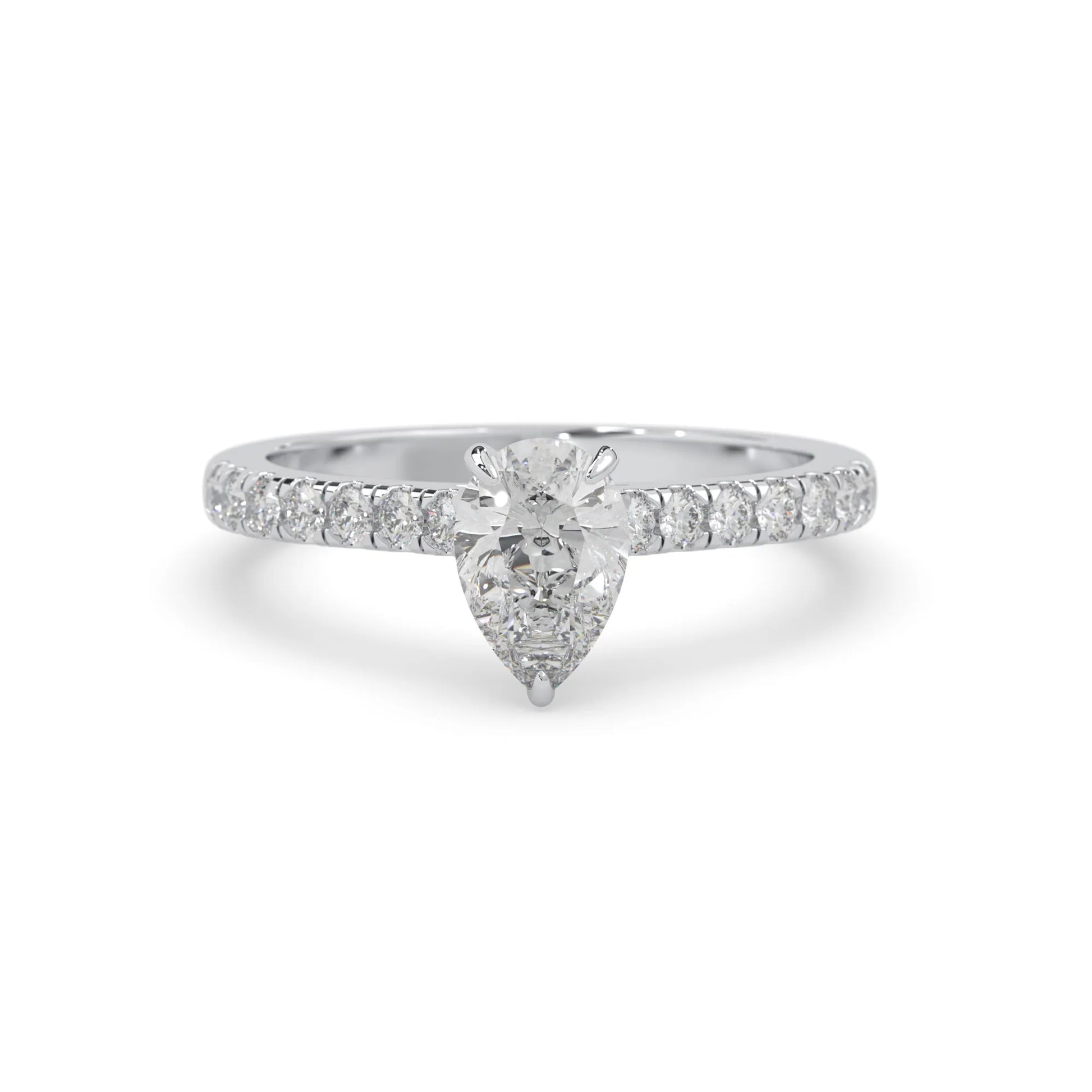 pear cut lab grown diamond prong set engagement ring with pavé band and white gold  metal tone design