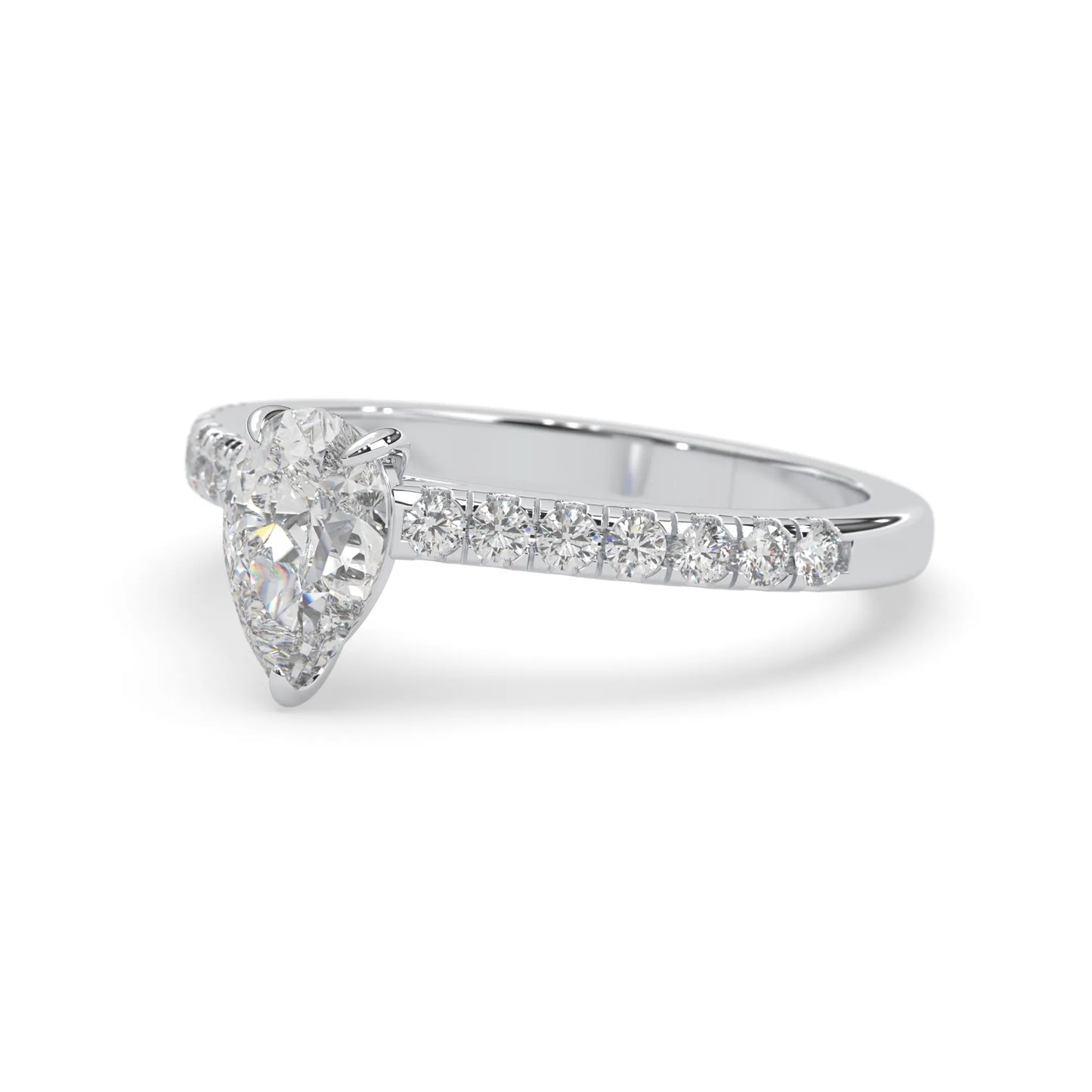 pear cut lab grown diamond prong set engagement ring with pavé band and white gold  metal tone design