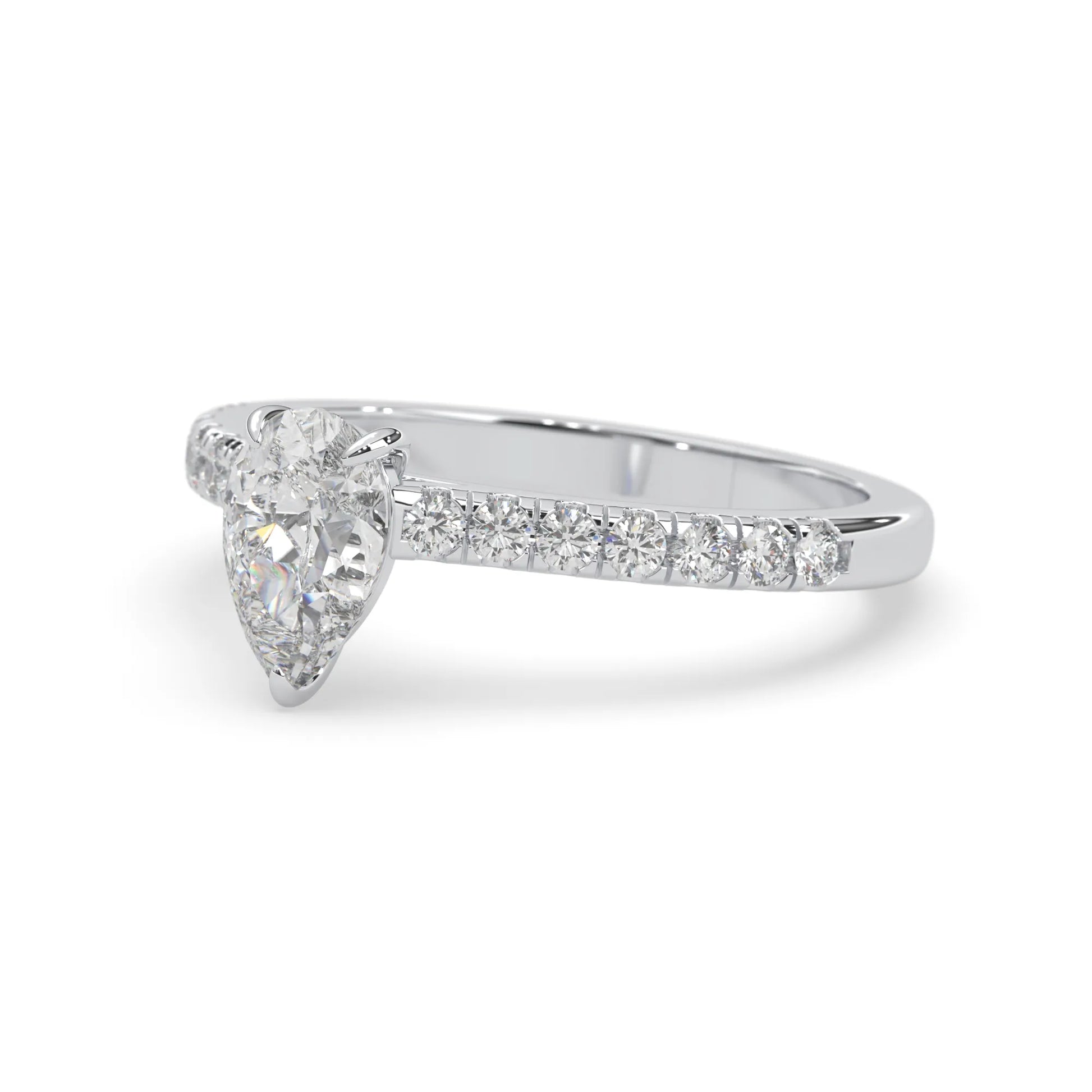 pear cut lab grown diamond prong set engagement ring with pavé band and white gold  metal tone design