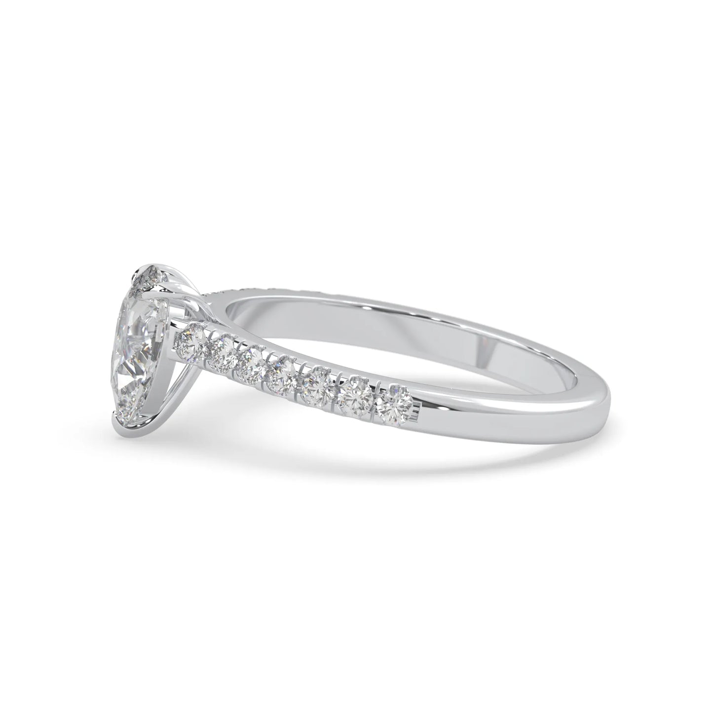 pear cut lab grown diamond prong set engagement ring with pavé band and white gold  metal tone design