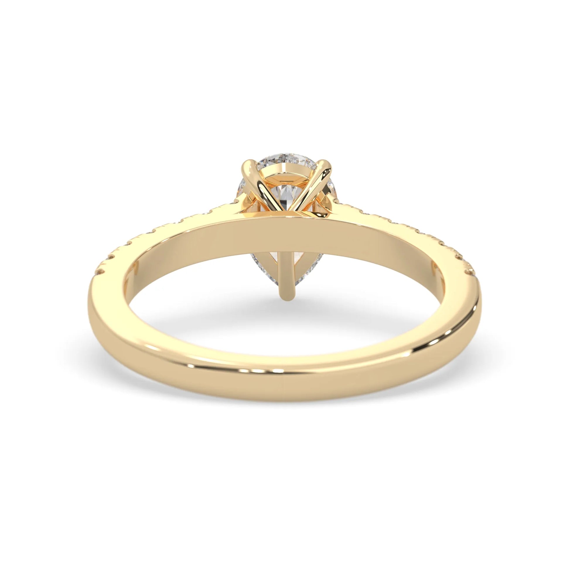pear cut lab grown diamond prong set engagement ring with pavé band and yellow gold  metal tone design