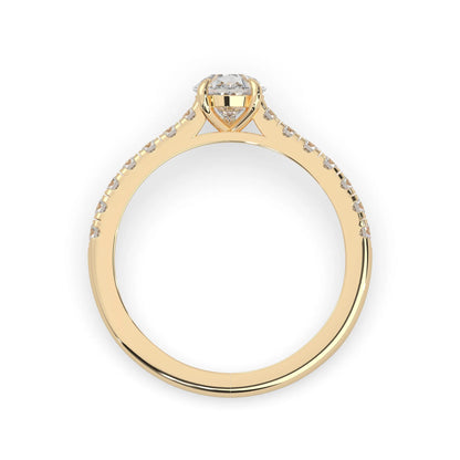 pear cut lab grown diamond prong set engagement ring with pavé band and yellow gold  metal tone design