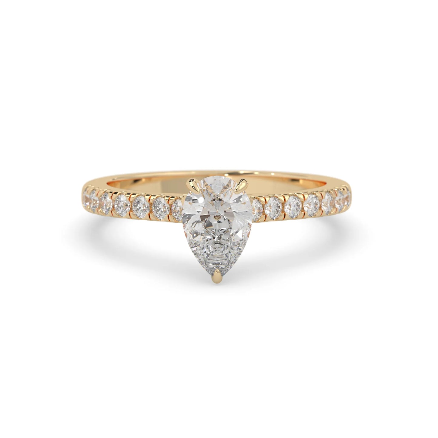 pear cut lab grown diamond prong set engagement ring with pavé band and yellow gold  metal tone design