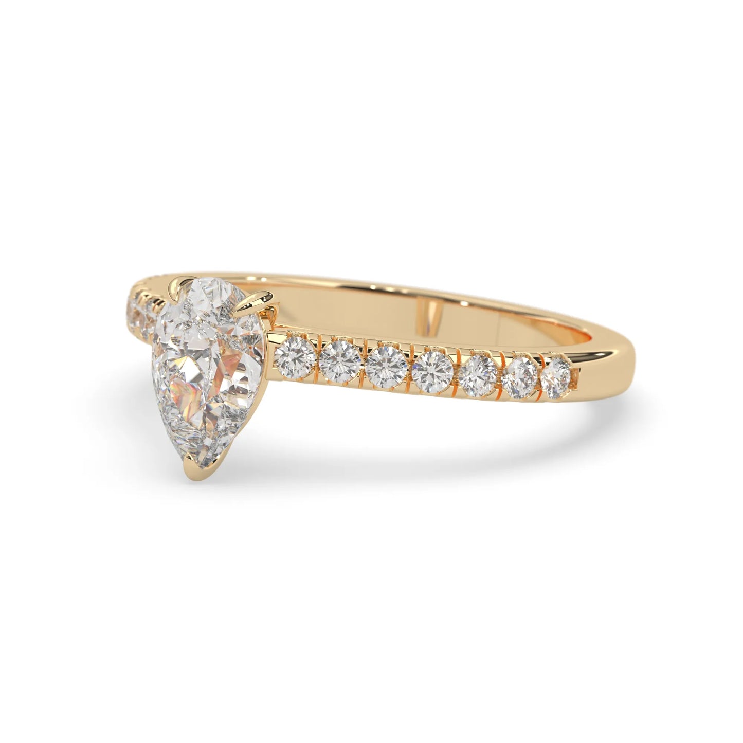 pear cut lab grown diamond prong set engagement ring with pavé band and yellow gold  metal tone design