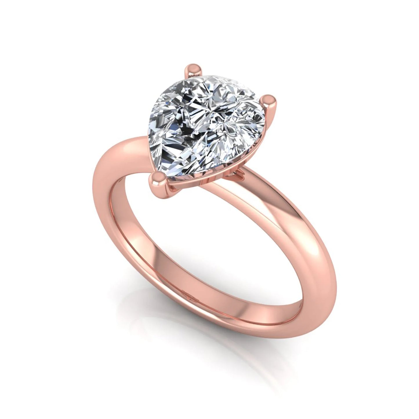 Pear cut lab grown diamond solitaire engagement ring featuring a classic three-prong setting with a polished rose gold tapered band.