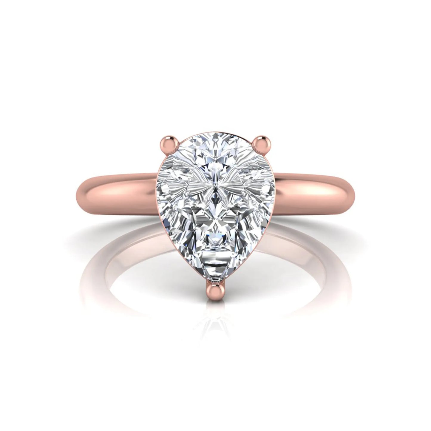 Pear cut lab grown diamond solitaire engagement ring featuring a classic three-prong setting with a polished rose gold tapered band.