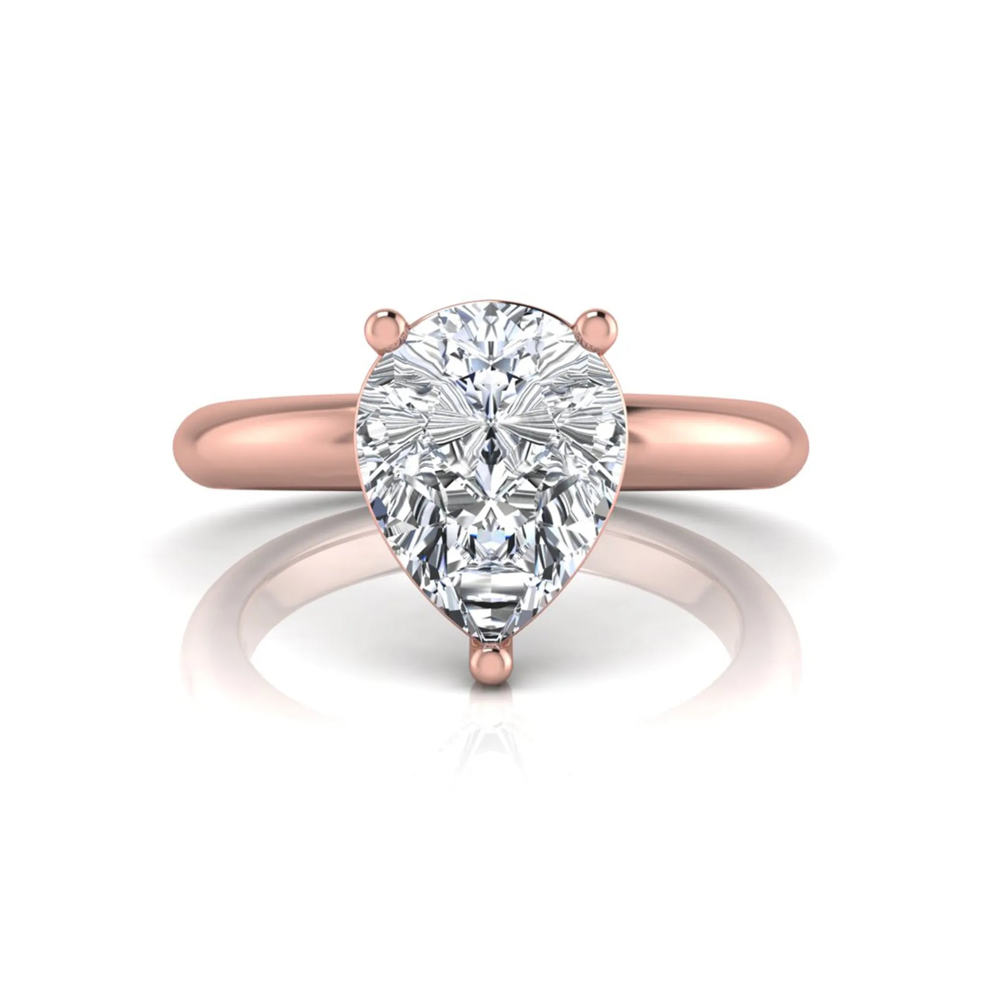 Pear cut lab grown diamond solitaire engagement ring featuring a classic three-prong setting with a polished rose gold tapered band.