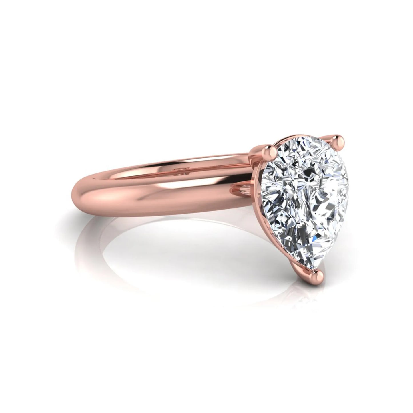 Pear cut lab grown diamond solitaire engagement ring featuring a classic three-prong setting with a polished rose gold tapered band.