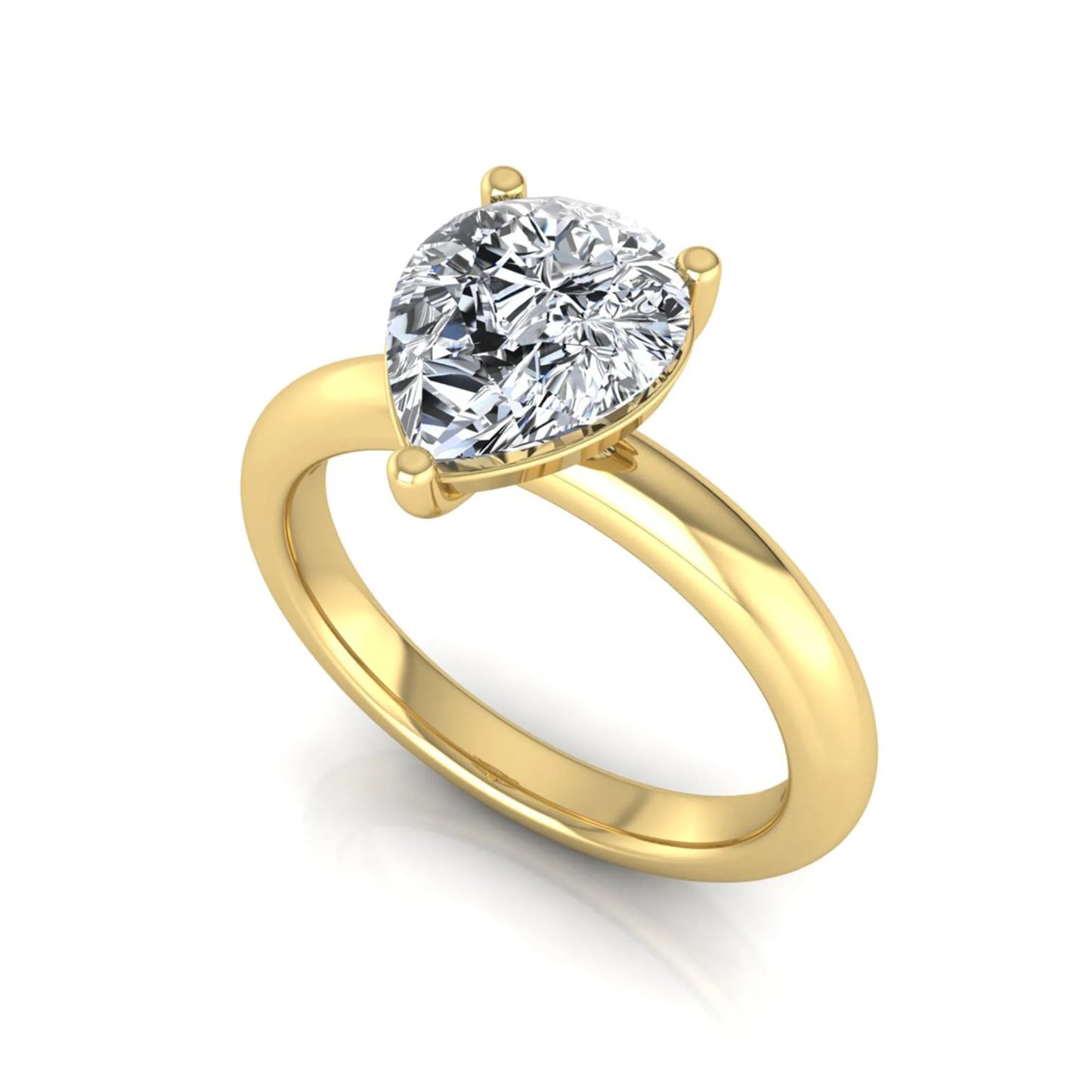 Pear cut lab grown diamond solitaire engagement ring featuring a classic three-prong setting with a polished yellow gold tapered band.