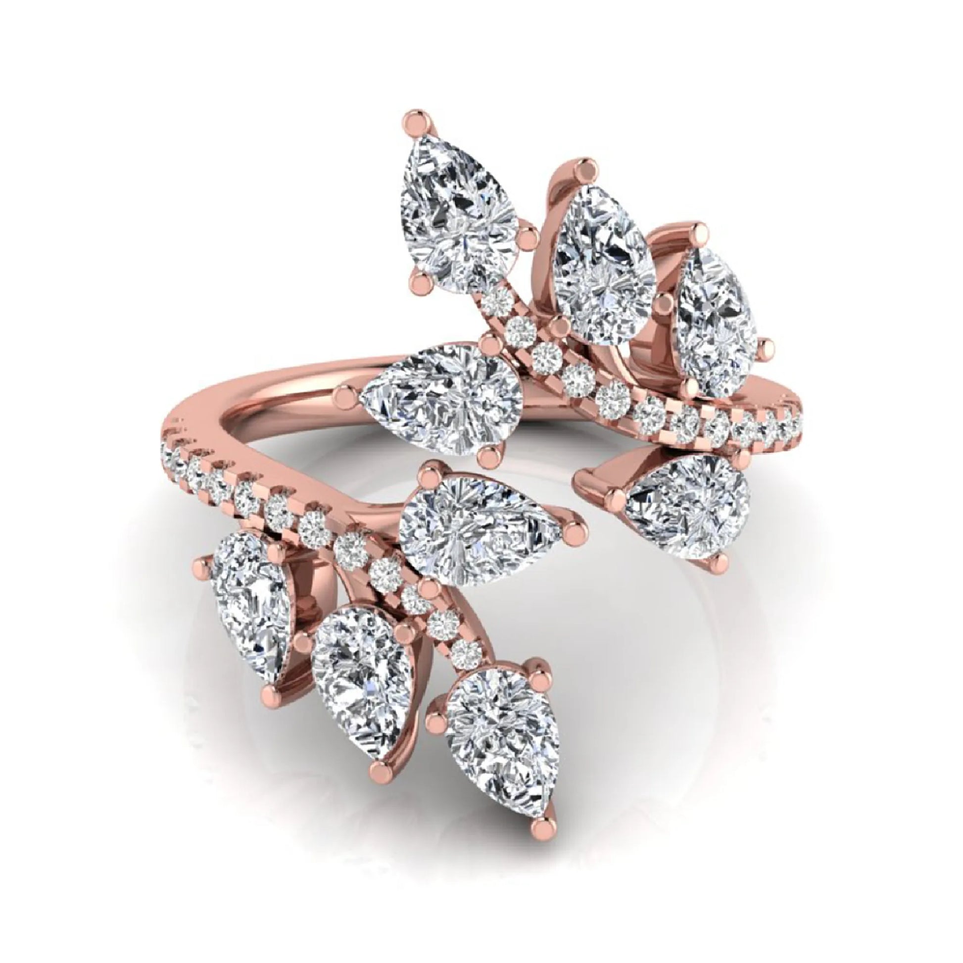 Pear and round cut lab grown diamond floral bypass ring featuring leaf-inspired clusters with pavé diamond accents in rose gold