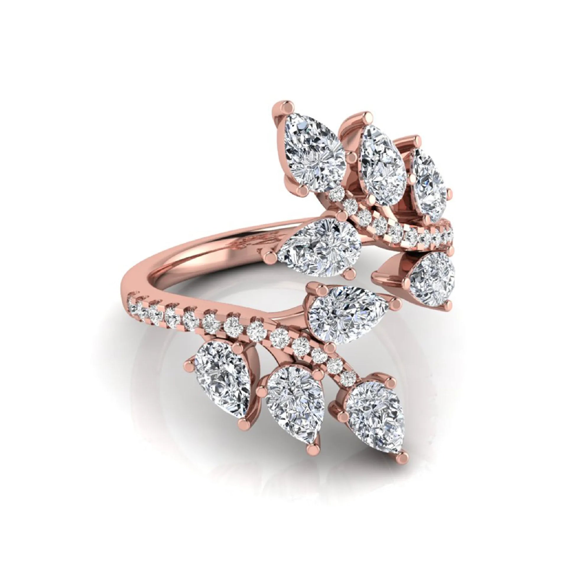 Pear and round cut lab grown diamond floral bypass ring featuring leaf-inspired clusters with pavé diamond accents in rose gold