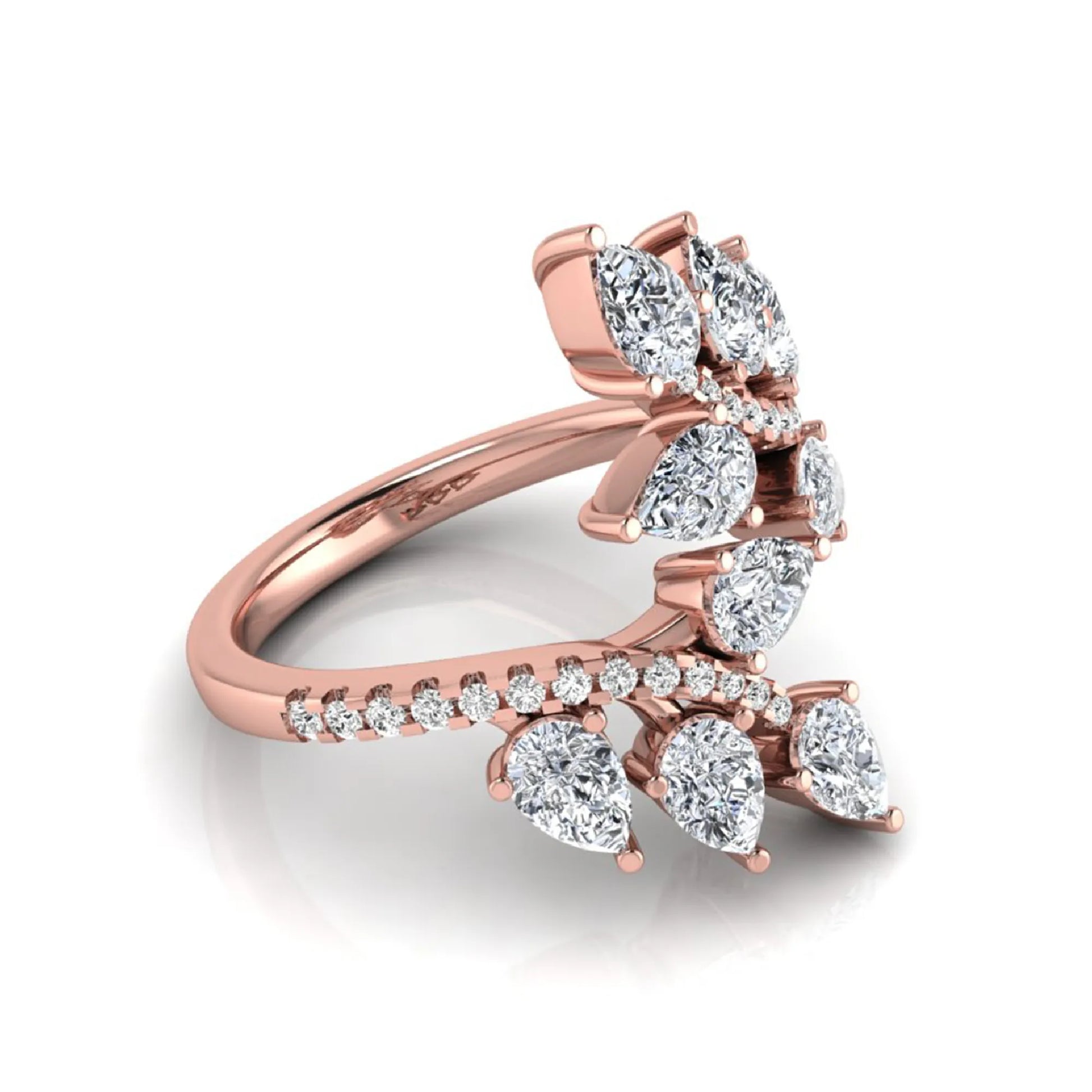 Pear and round cut lab grown diamond floral bypass ring featuring leaf-inspired clusters with pavé diamond accents in rose gold