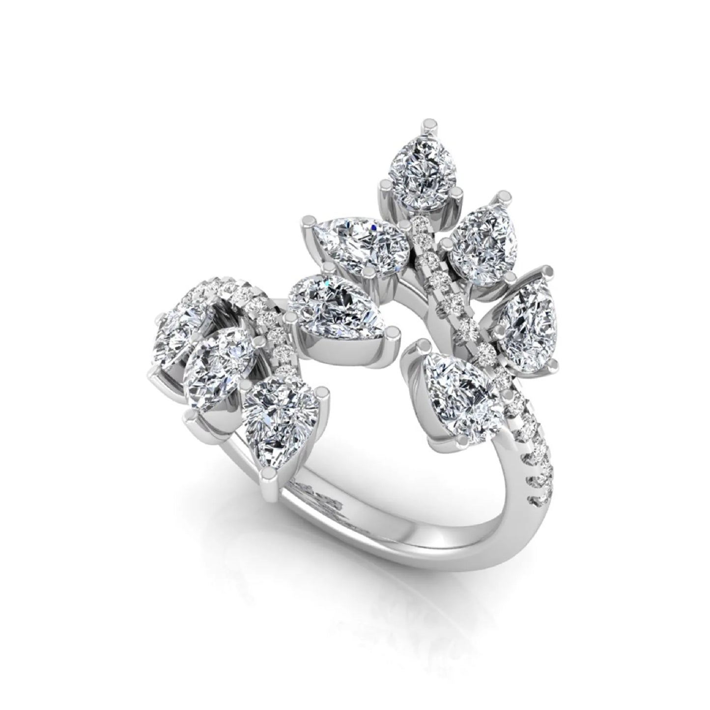 Pear and round cut lab grown diamond floral bypass ring featuring leaf-inspired clusters with pavé diamond accents in white gold