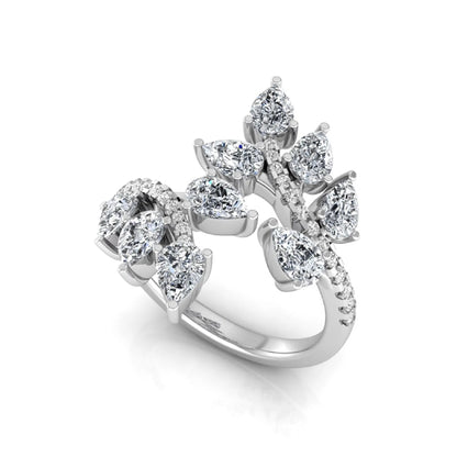 Pear and round cut lab grown diamond floral bypass ring featuring leaf-inspired clusters with pavé diamond accents in white gold
