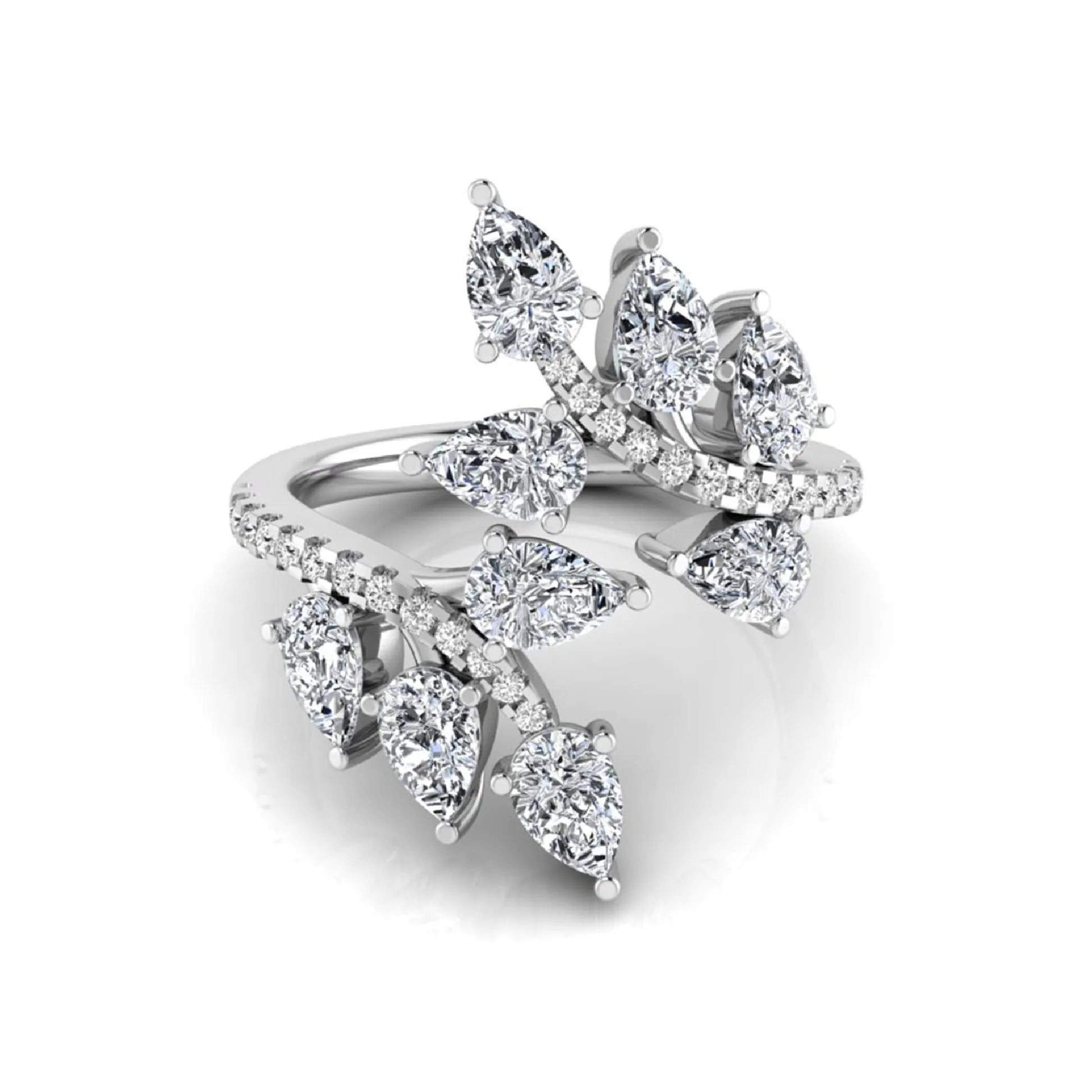 Pear and round cut lab grown diamond floral bypass ring featuring leaf-inspired clusters with pavé diamond accents in white gold