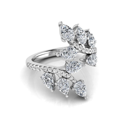 Pear and round cut lab grown diamond floral bypass ring featuring leaf-inspired clusters with pavé diamond accents in white gold