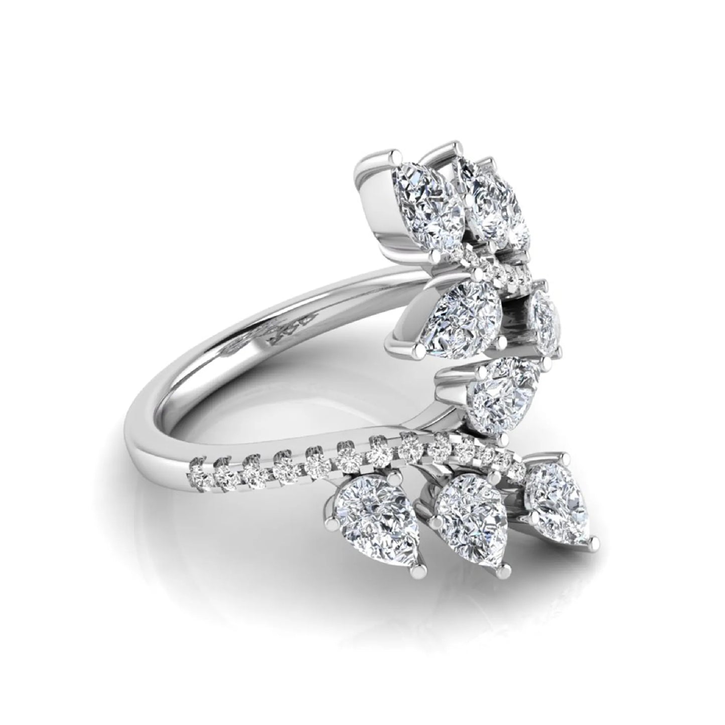 Pear and round cut lab grown diamond floral bypass ring featuring leaf-inspired clusters with pavé diamond accents in white gold