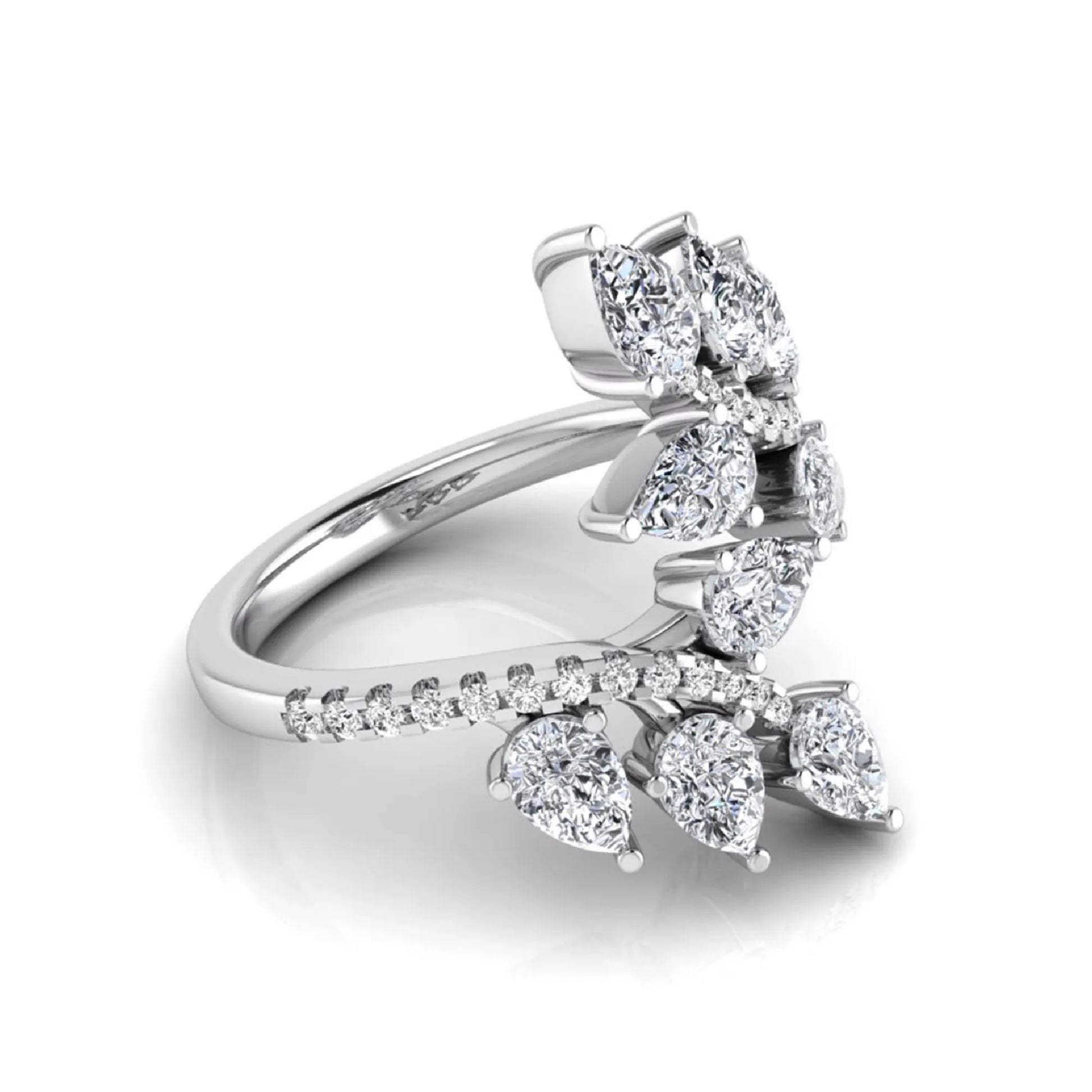 Pear and round cut lab grown diamond floral bypass ring featuring leaf-inspired clusters with pavé diamond accents in white gold