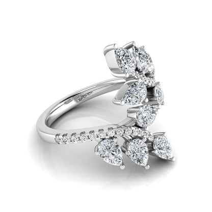 Pear and round cut lab grown diamond floral bypass ring featuring leaf-inspired clusters with pavé diamond accents in white gold