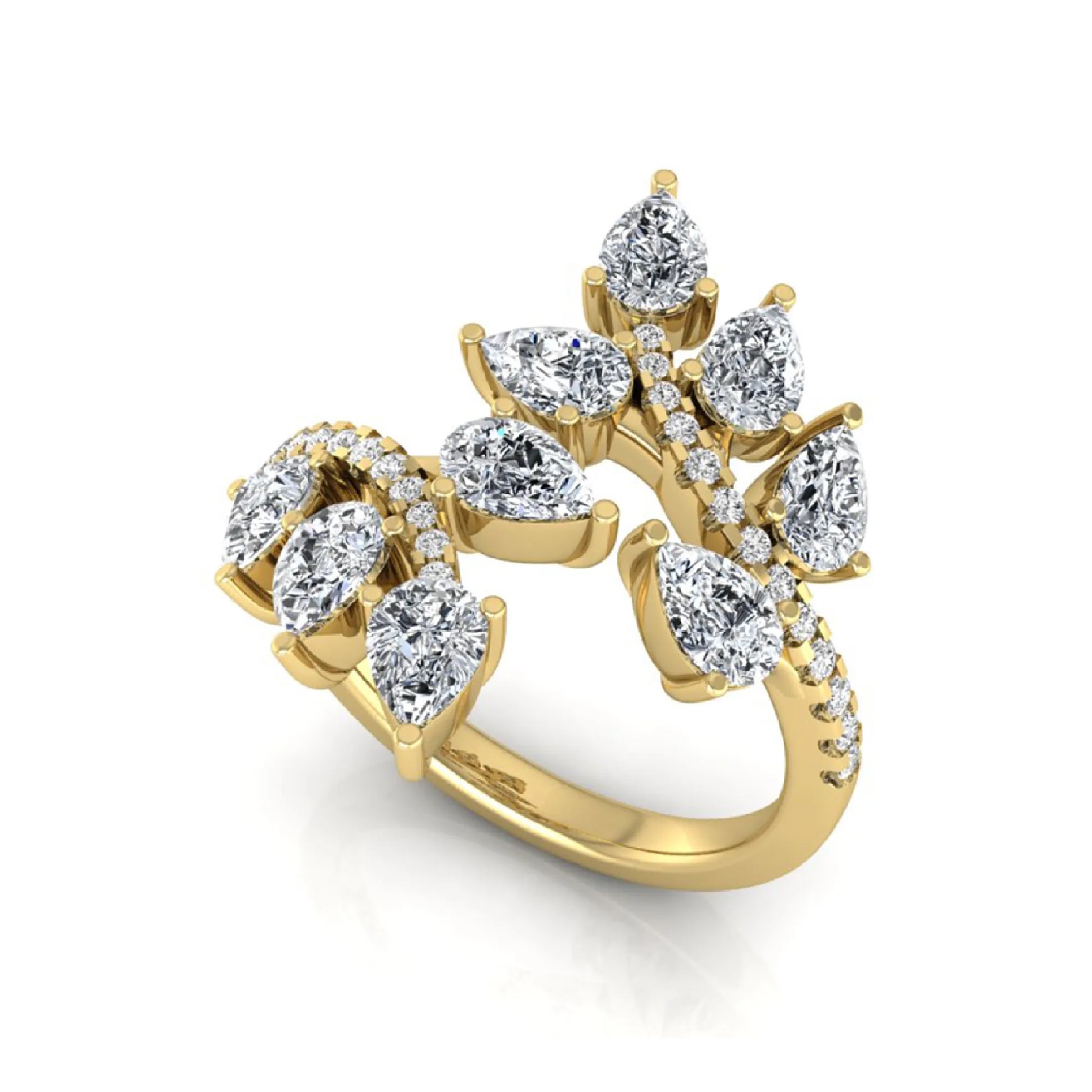 Pear and round cut lab grown diamond floral bypass ring featuring leaf-inspired clusters with pavé diamond accents in yellow gold
