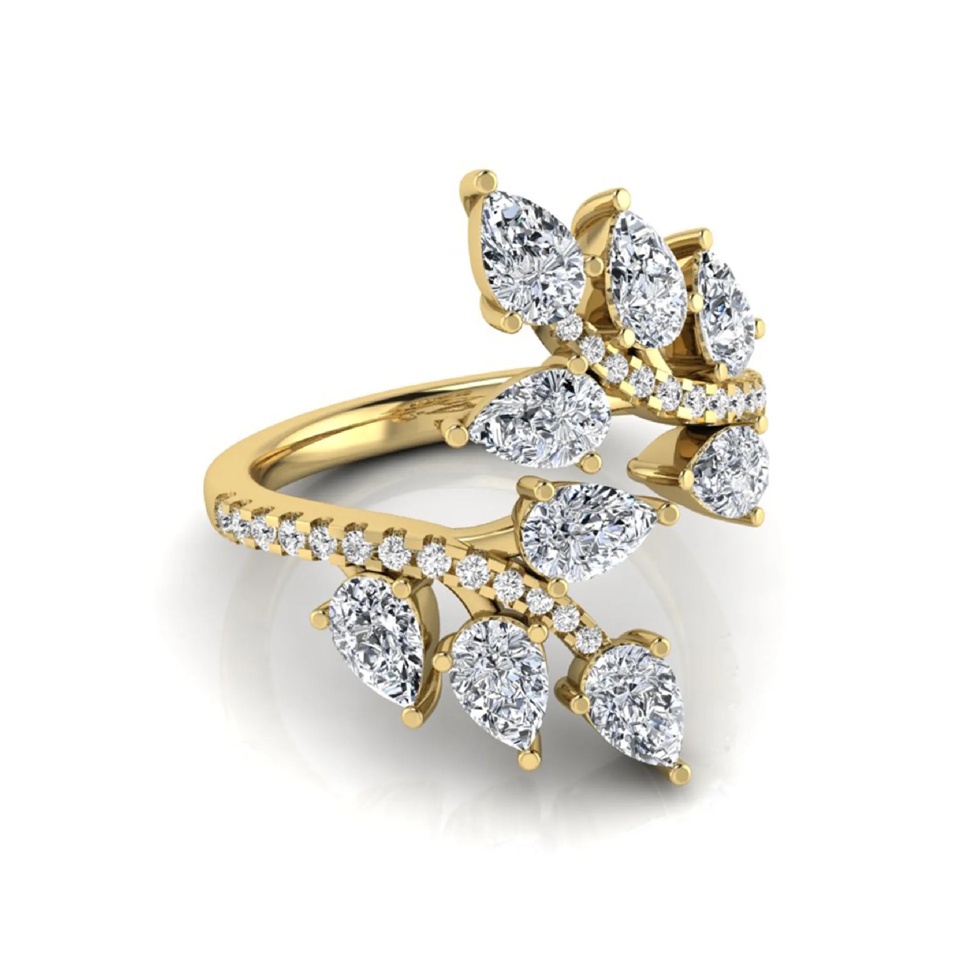 Pear and round cut lab grown diamond floral bypass ring featuring leaf-inspired clusters with pavé diamond accents in yellow gold