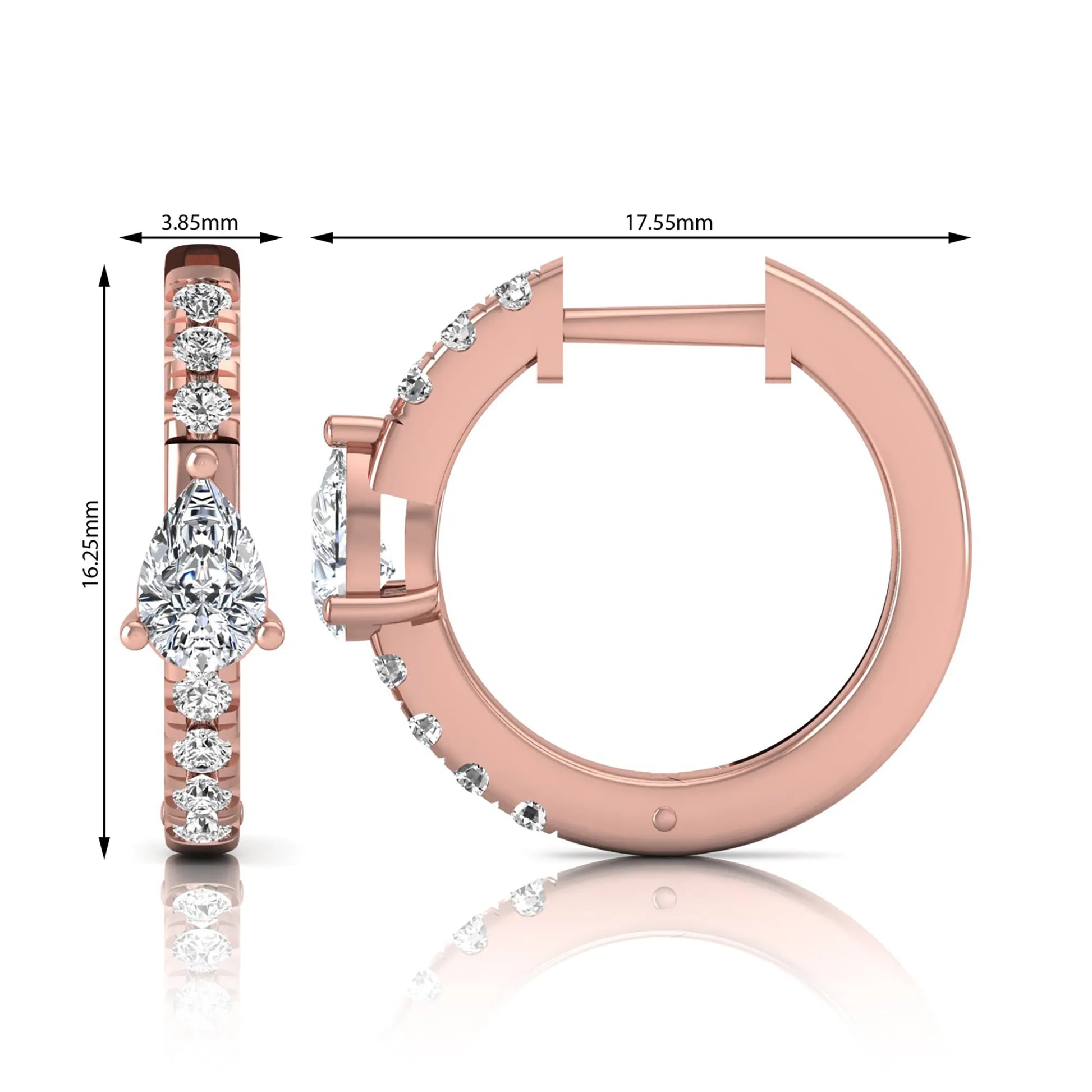 Pear and round cut lab grown diamond pavé huggie hoop earrings featuring a three prong pear diamond center, shared prong round diamond accents, hinged snap closure, and polished rose gold finish.