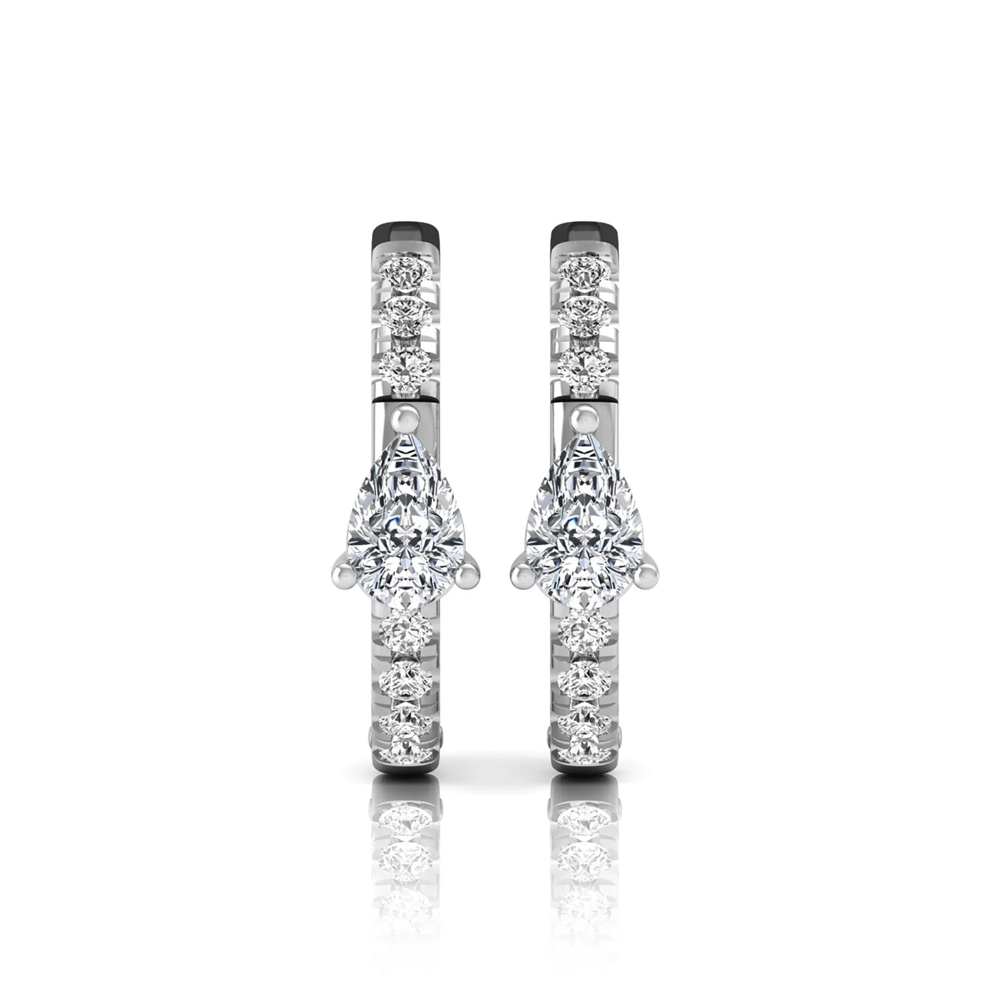 Pear and round cut lab grown diamond pavé huggie hoop earrings featuring a three prong pear diamond center, shared prong round diamond accents, hinged snap closure, and polished white gold finish.