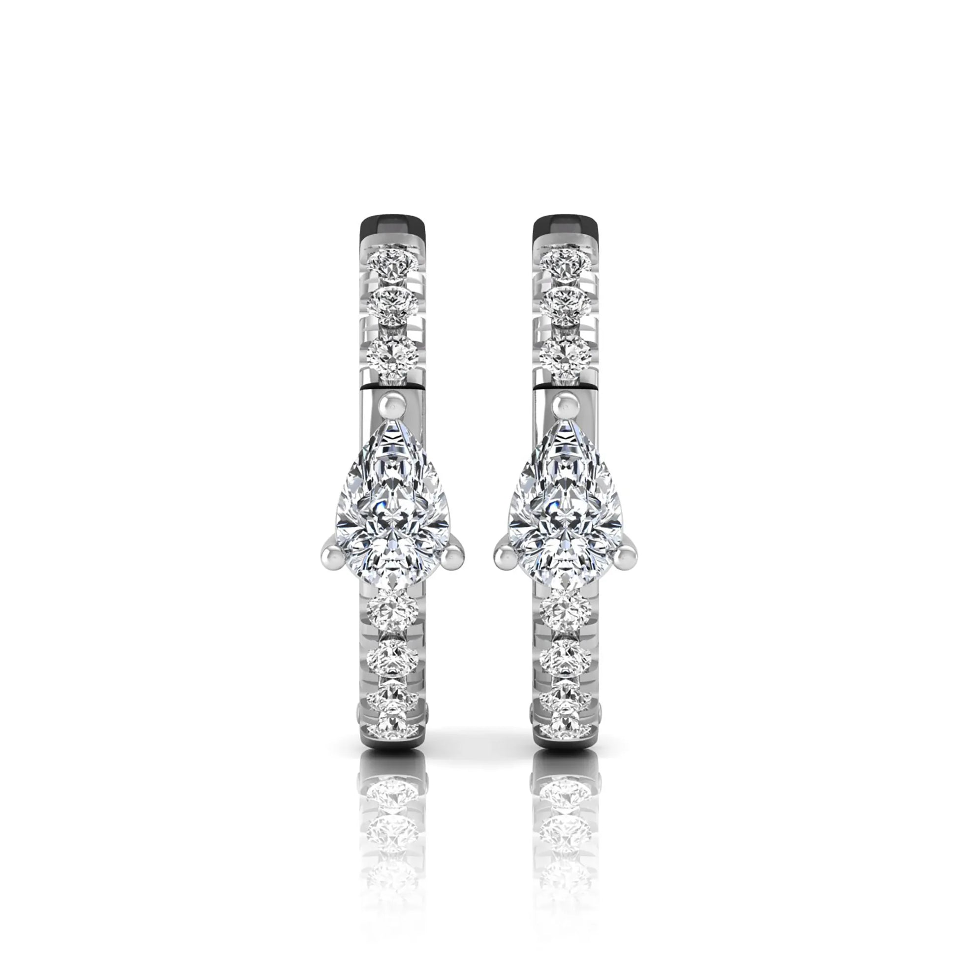 Pear and round cut lab grown diamond pavé huggie hoop earrings featuring a three prong pear diamond center, shared prong round diamond accents, hinged snap closure, and polished white gold finish.