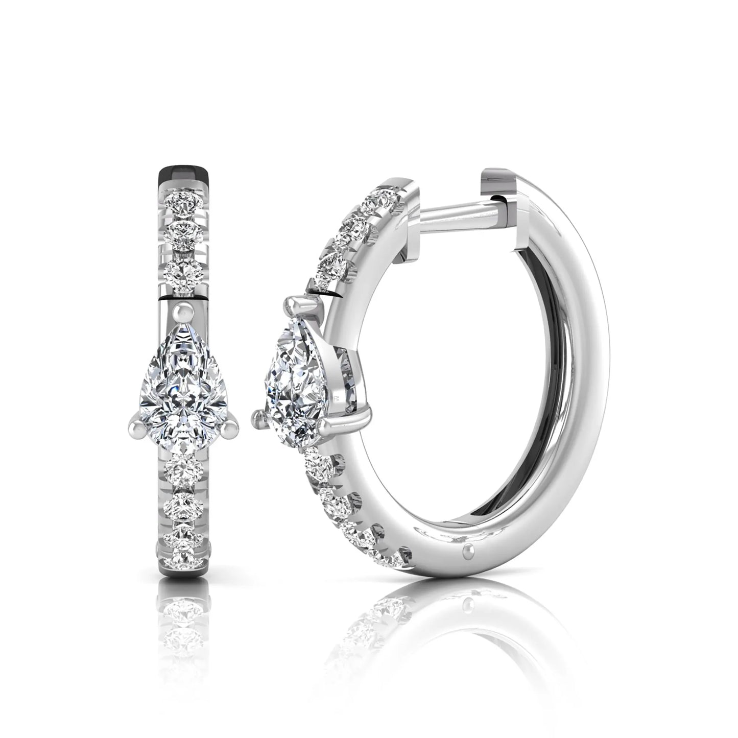 Pear and round cut lab grown diamond pavé huggie hoop earrings featuring a three prong pear diamond center, shared prong round diamond accents, hinged snap closure, and polished white gold finish.
