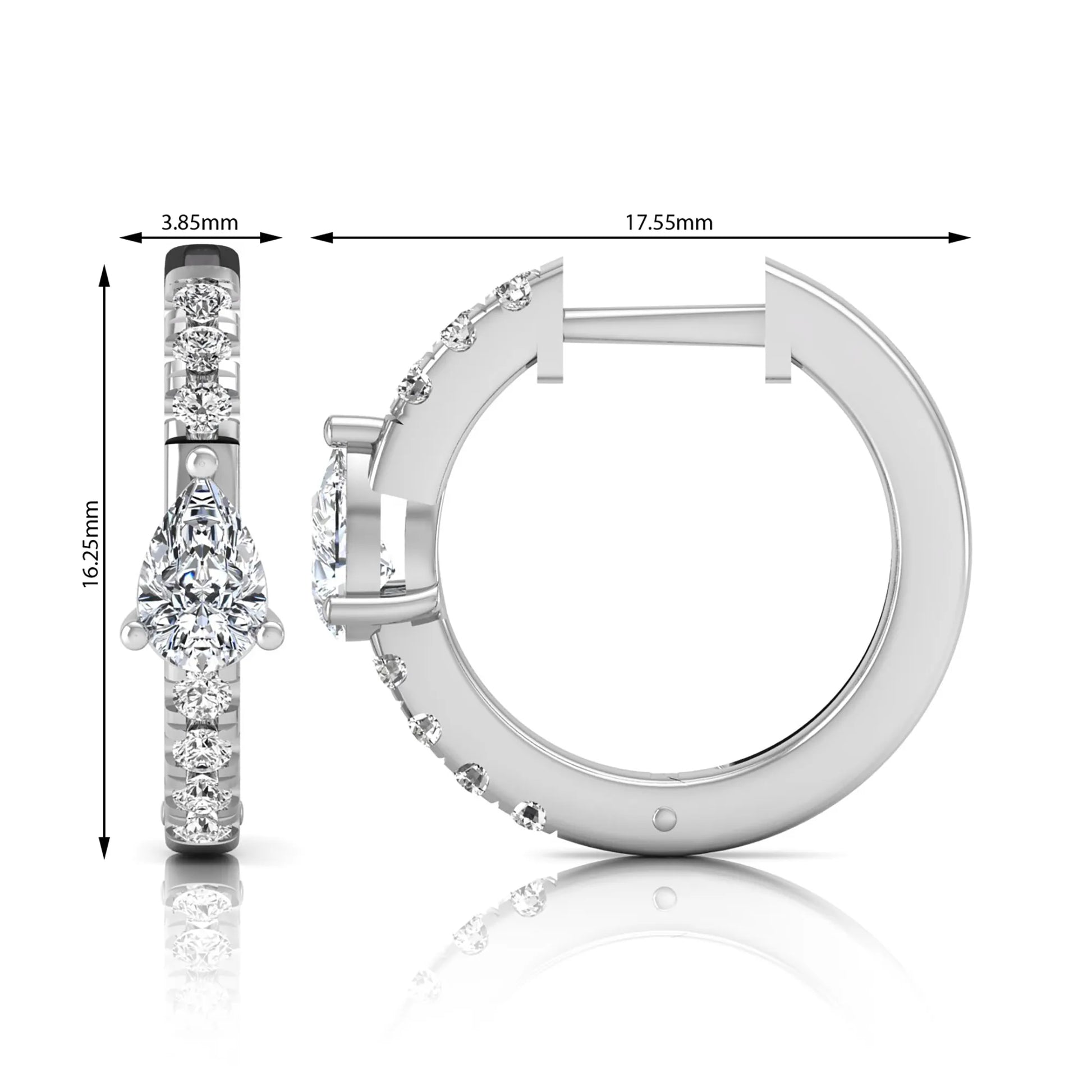 Pear and round cut lab grown diamond pavé huggie hoop earrings featuring a three prong pear diamond center, shared prong round diamond accents, hinged snap closure, and polished white gold finish.