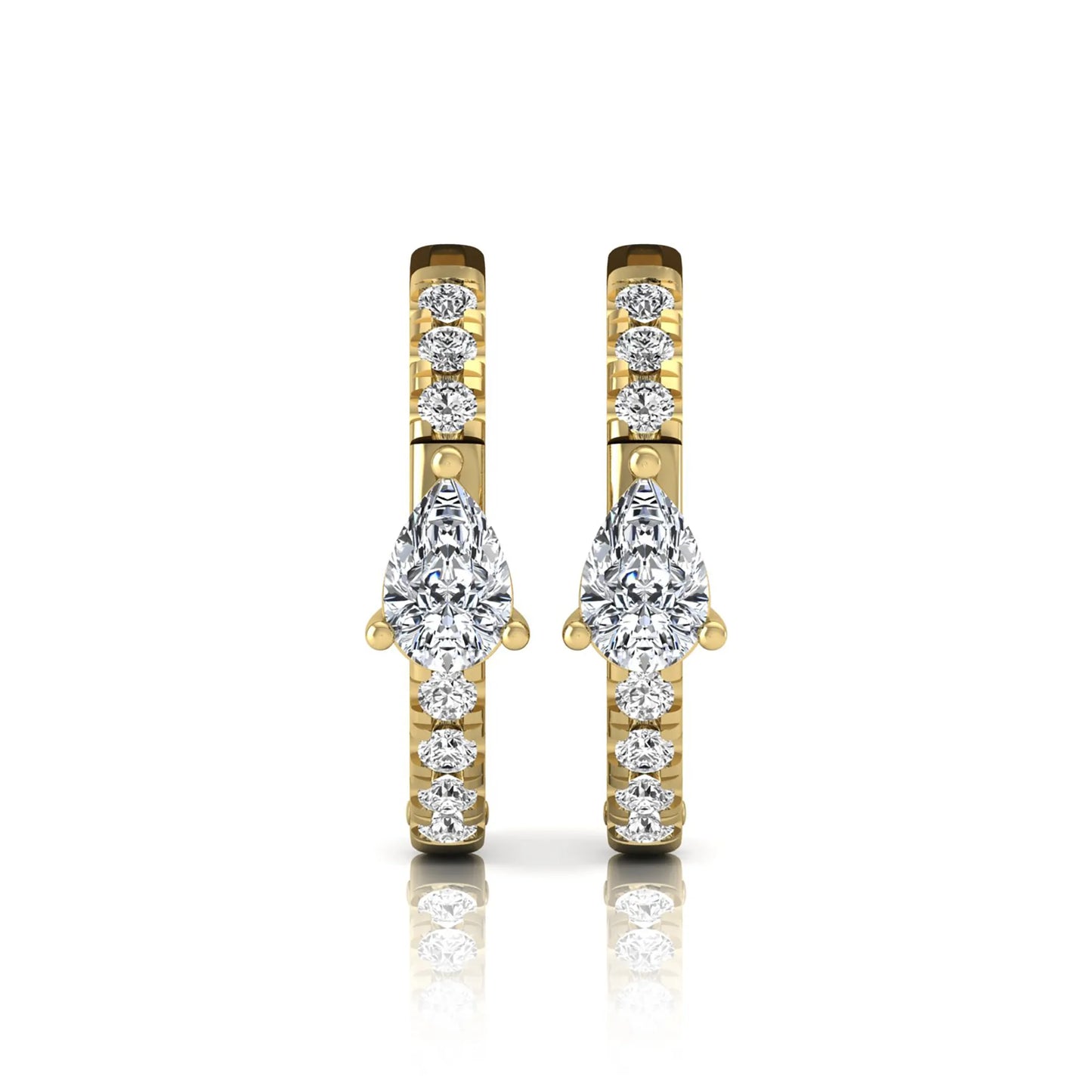Pear and round cut lab grown diamond pavé huggie hoop earrings featuring a three prong pear diamond center, shared prong round diamond accents, hinged snap closure, and polished yellow gold finish.
