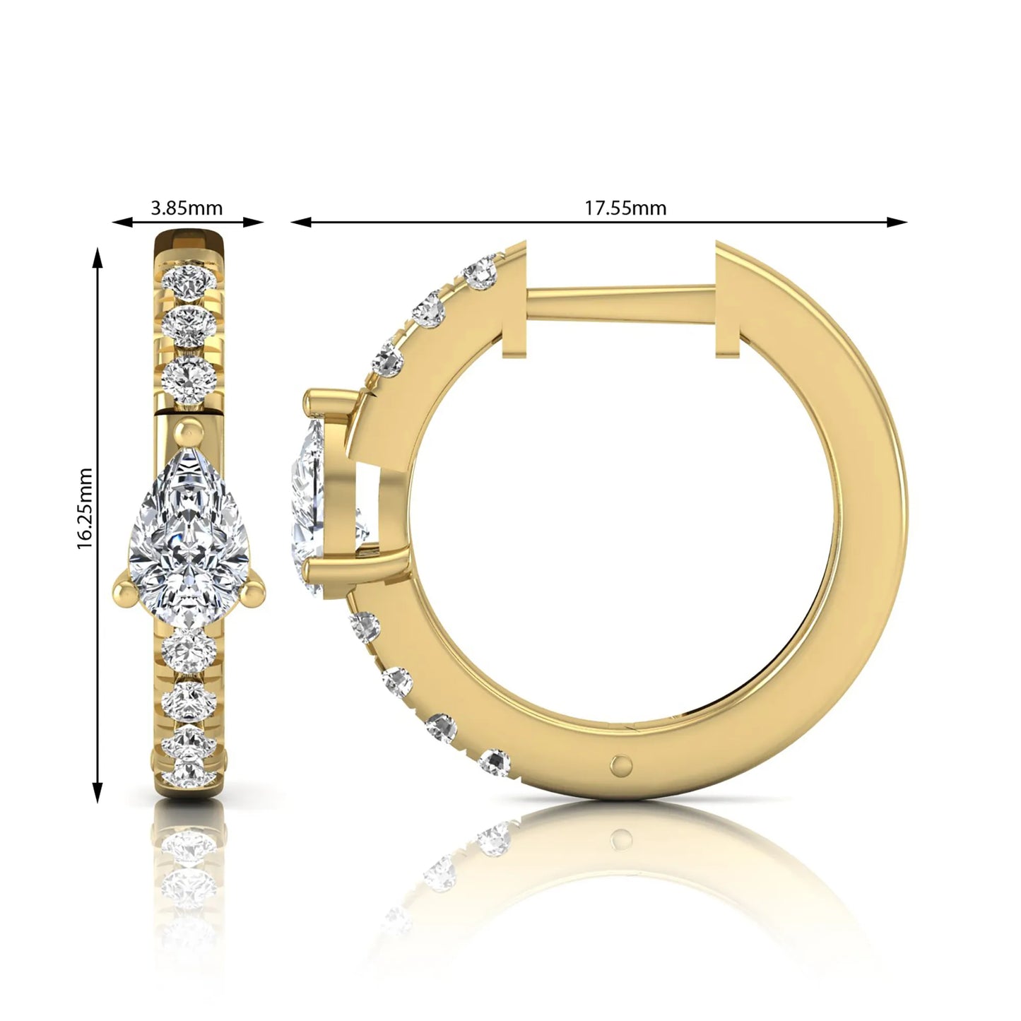 Pear and round cut lab grown diamond pavé huggie hoop earrings featuring a three prong pear diamond center, shared prong round diamond accents, hinged snap closure, and polished yellow gold finish.