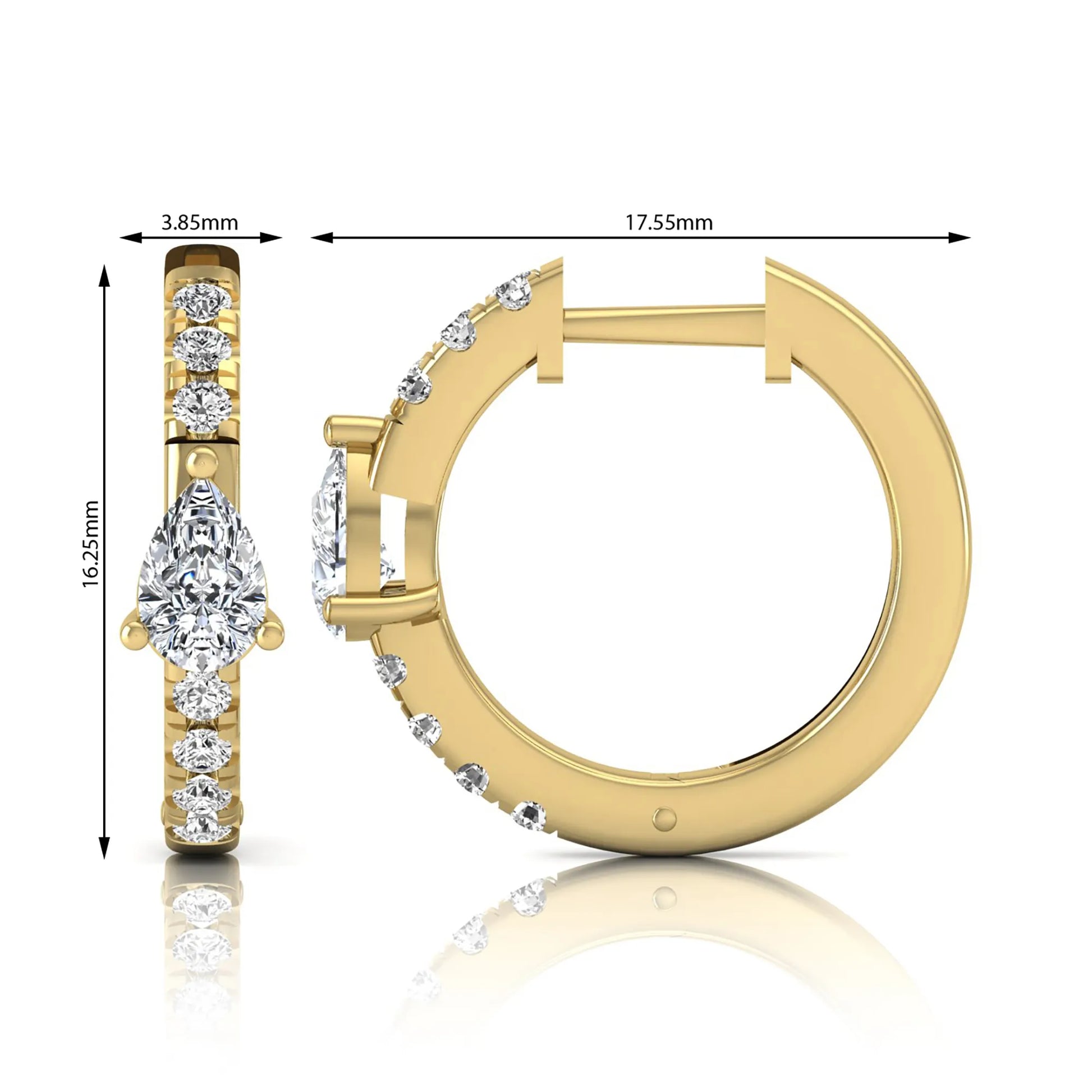 Pear and round cut lab grown diamond pavé huggie hoop earrings featuring a three prong pear diamond center, shared prong round diamond accents, hinged snap closure, and polished yellow gold finish.
