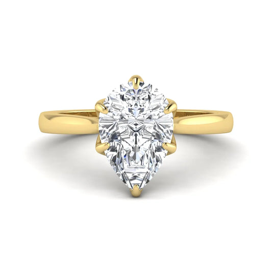 IGI Certified 3.00 carat pear cut lab grown diamond solitaire engagement ring in yellow gold.