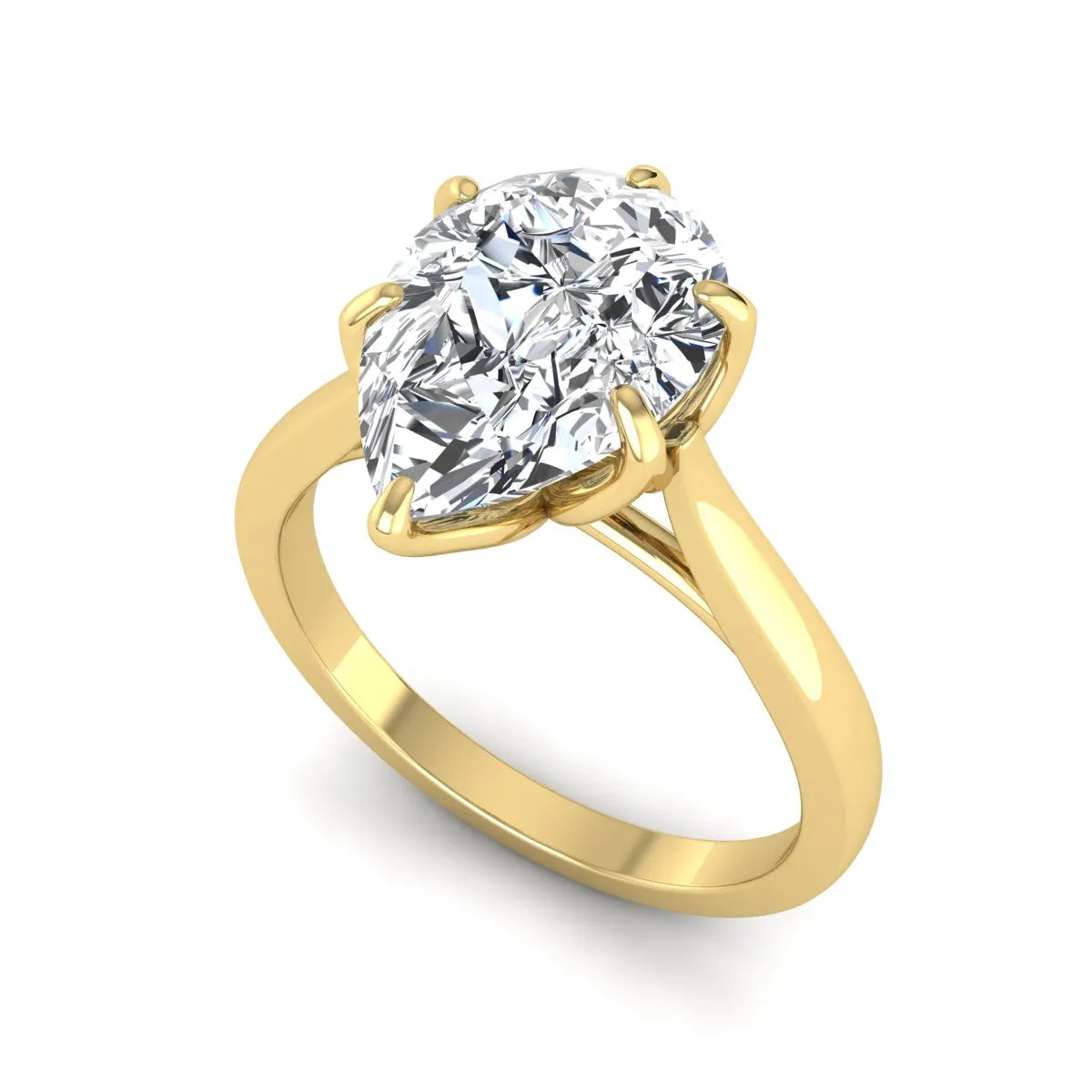 IGI Certified 3.00 carat pear cut lab grown diamond solitaire engagement ring in yellow gold.