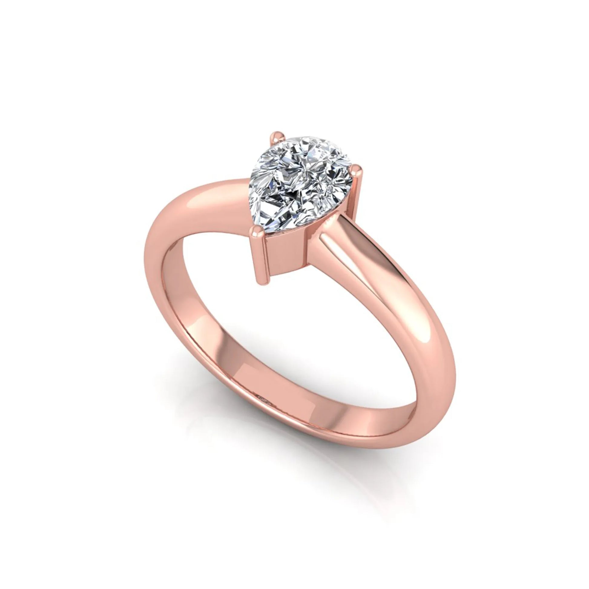 Pear cut solitaire lab grown diamond engagement ring with a polished rose gold comfort-fit band.