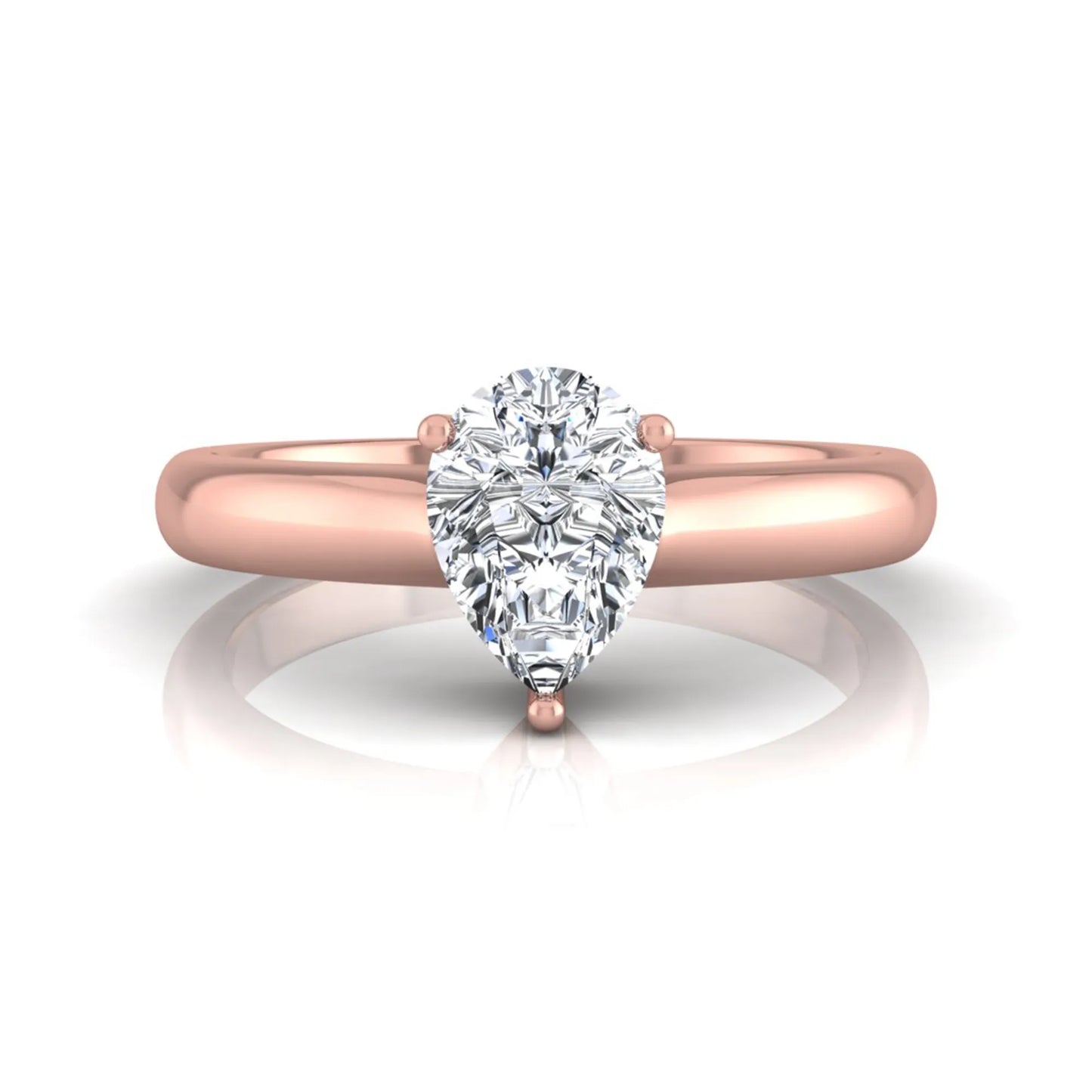 Pear cut solitaire lab grown diamond engagement ring with a polished rose gold comfort-fit band.