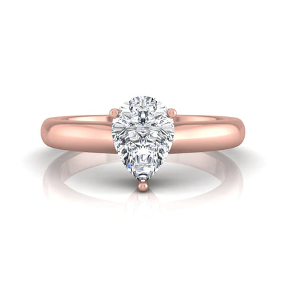 Pear cut solitaire lab grown diamond engagement ring with a polished rose gold comfort-fit band.